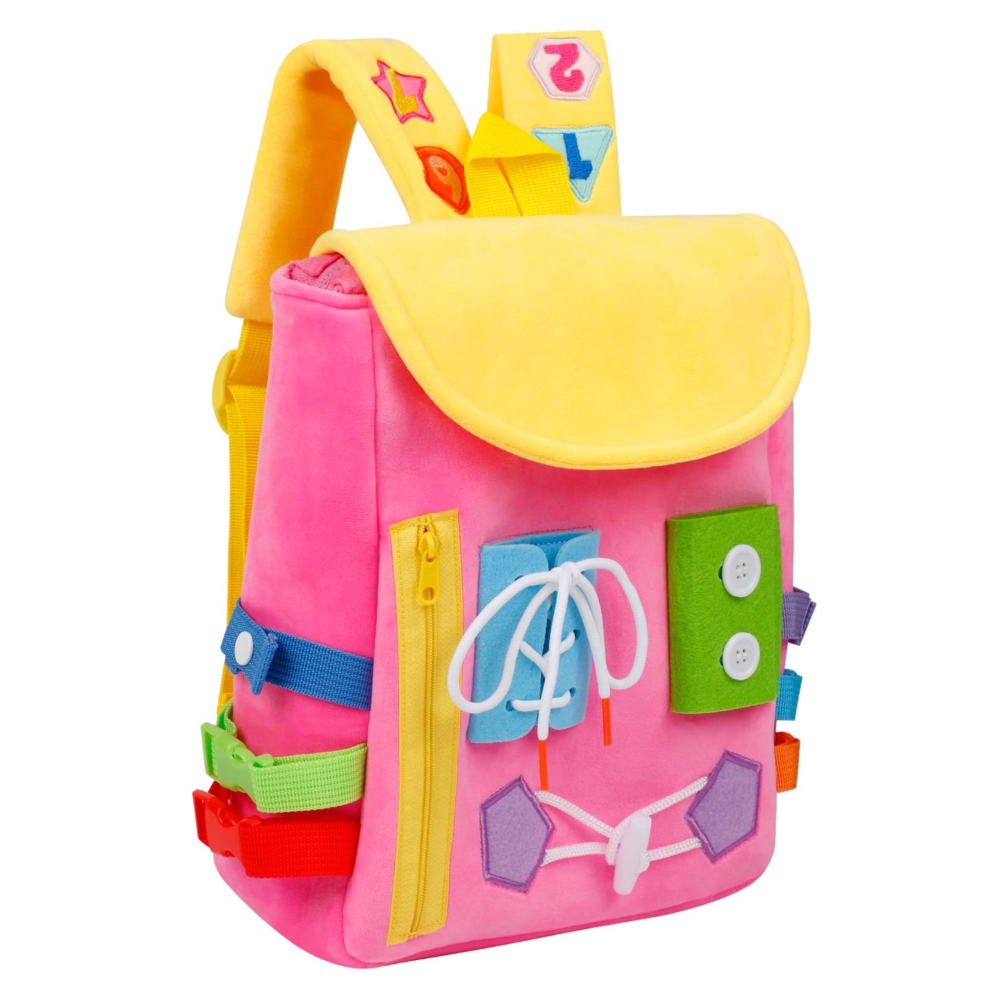 WHITE DOLPHIN TOYS Busy Board Backpack – Toddler Learning Toy with Buckles, Fine Motor Skills & Shoe-Tying Practice