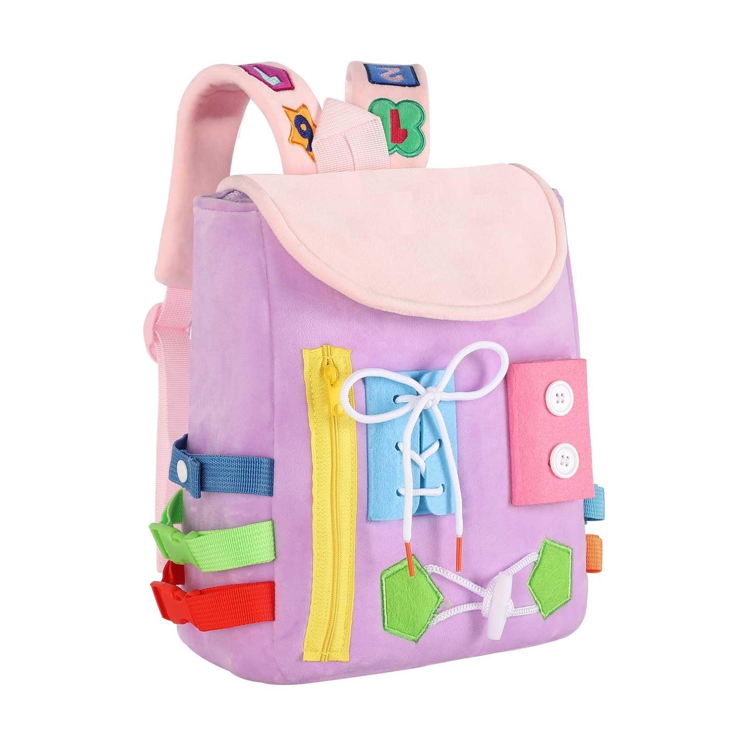 White Dolphin Toys Busy Board Backpack with Buckles – Toddler Travel Toy for Fine Motor & Early Learning (Purple)
