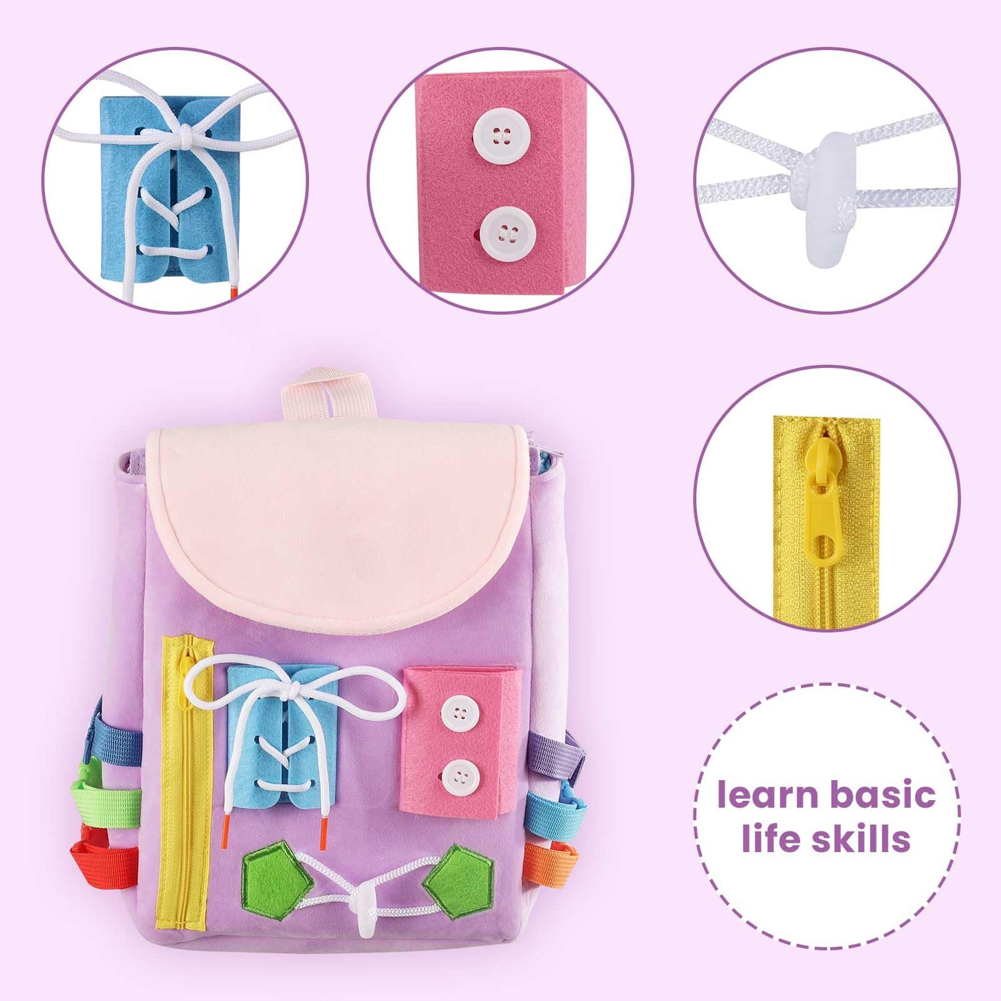 White Dolphin Toys Busy Board Backpack with Buckles – Toddler Travel Toy for Fine Motor & Early Learning (Purple)