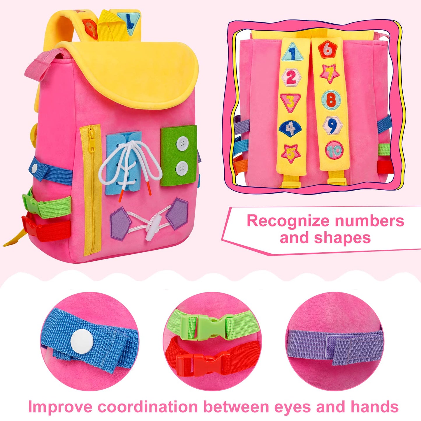 WHITE DOLPHIN TOYS Busy Board Backpack – Toddler Learning Toy with Buckles, Fine Motor Skills & Shoe-Tying Practice