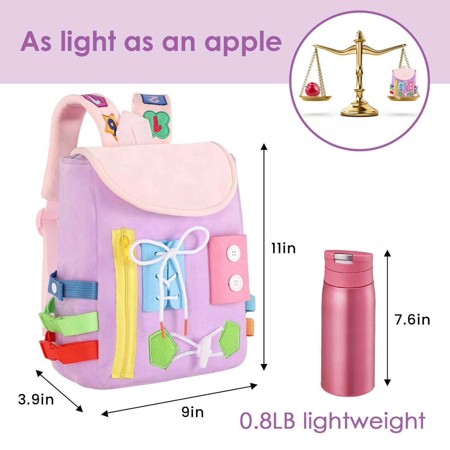 White Dolphin Toys Busy Board Backpack with Buckles – Toddler Travel Toy for Fine Motor & Early Learning (Purple)