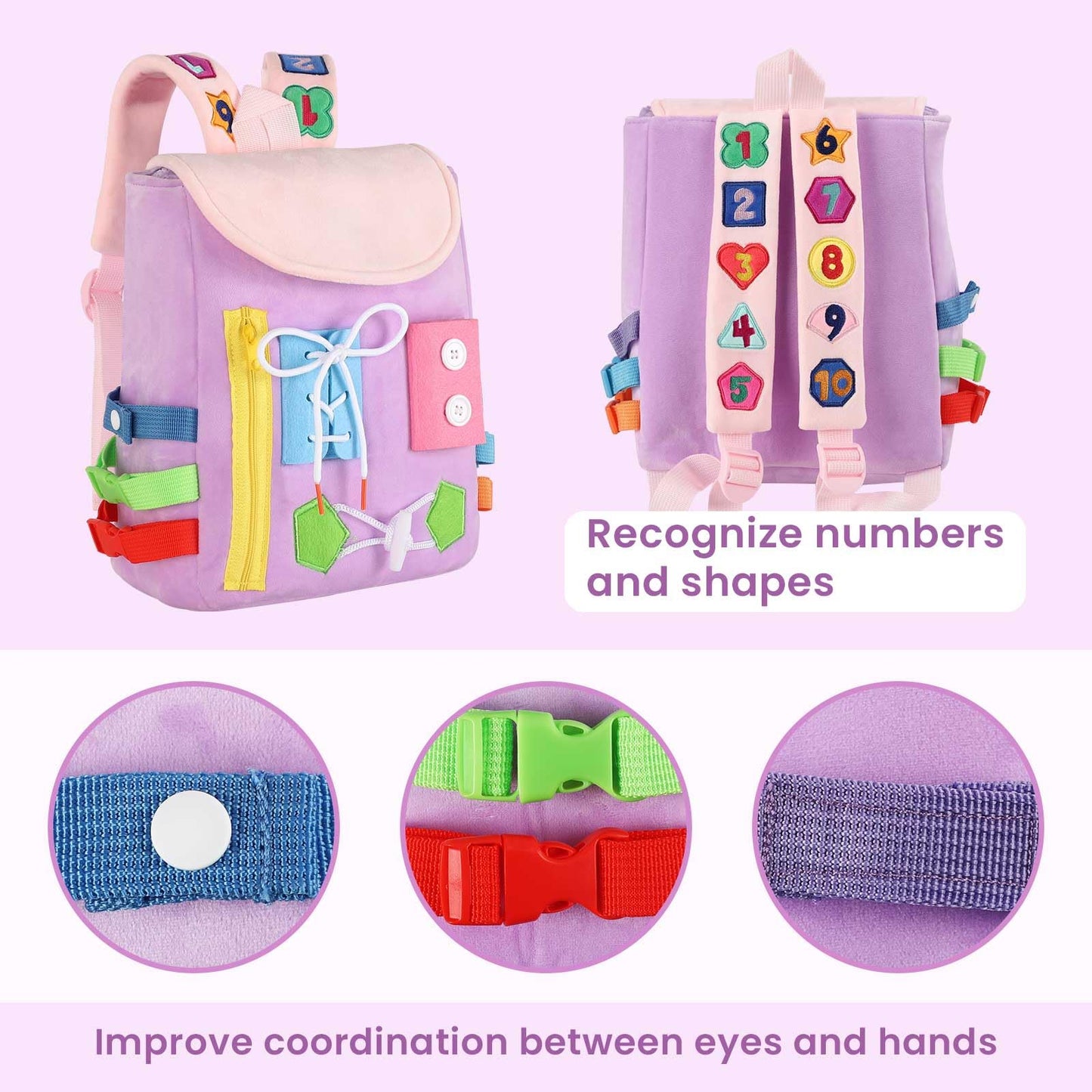 White Dolphin Toys Busy Board Backpack with Buckles – Toddler Travel Toy for Fine Motor & Early Learning (Purple)