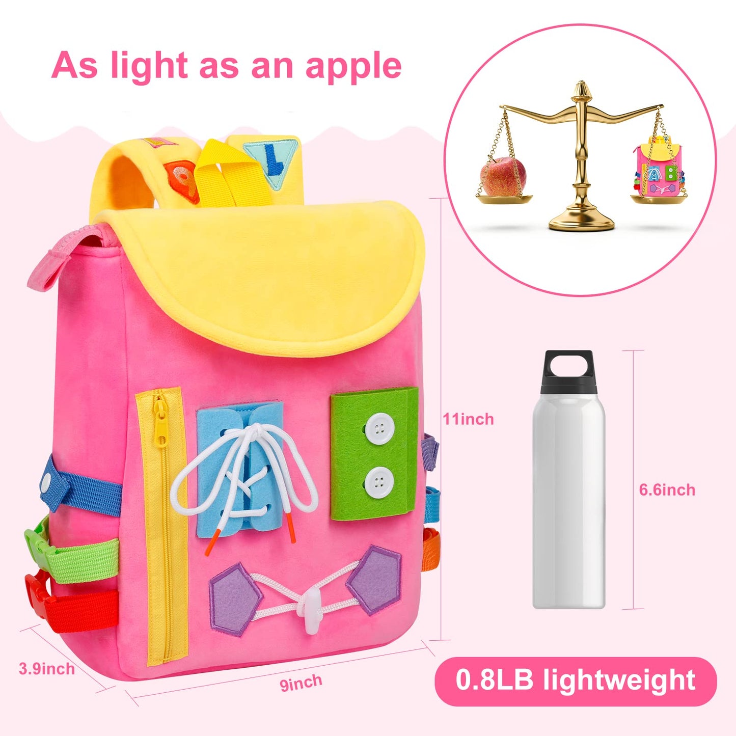 WHITE DOLPHIN TOYS Busy Board Backpack – Toddler Learning Toy with Buckles, Fine Motor Skills & Shoe-Tying Practice
