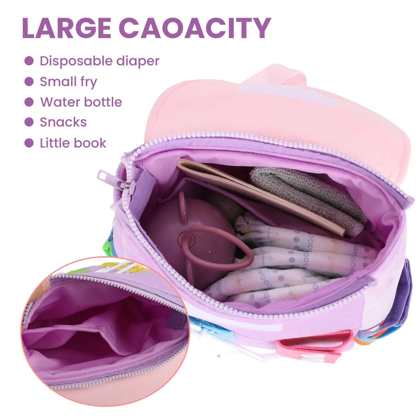 White Dolphin Toys Busy Board Backpack with Buckles – Toddler Travel Toy for Fine Motor & Early Learning (Purple)
