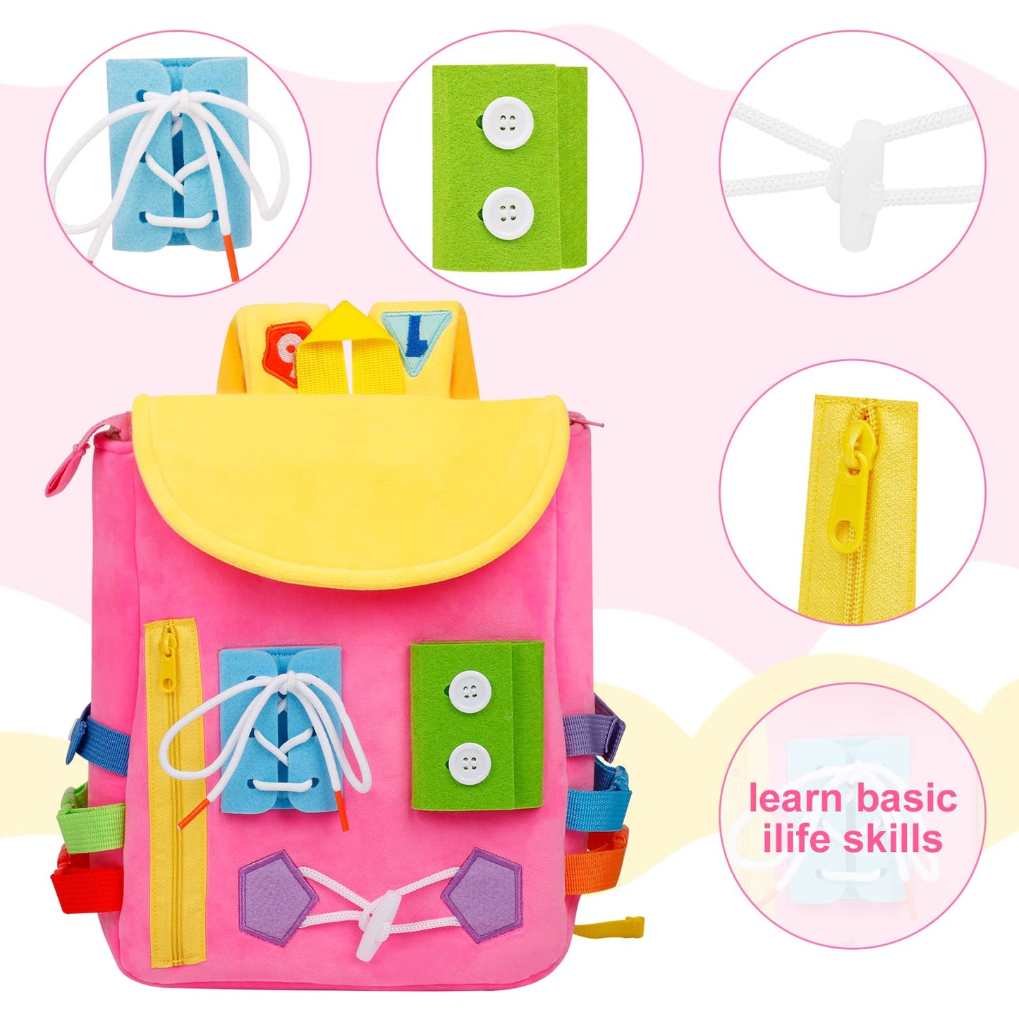 WHITE DOLPHIN TOYS Busy Board Backpack – Toddler Learning Toy with Buckles, Fine Motor Skills & Shoe-Tying Practice