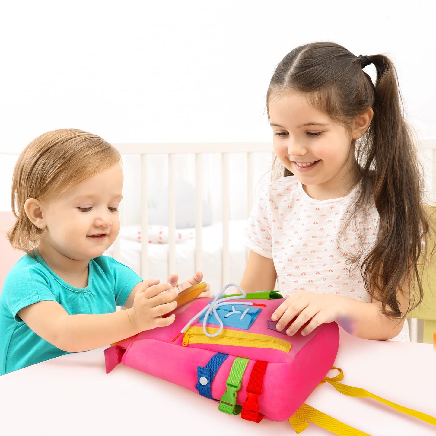 WHITE DOLPHIN TOYS Busy Board Backpack – Toddler Learning Toy with Buckles, Fine Motor Skills & Shoe-Tying Practice