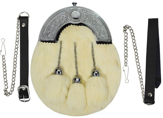 White Dress Sporran With White Rabbit Fur and 3 tassels