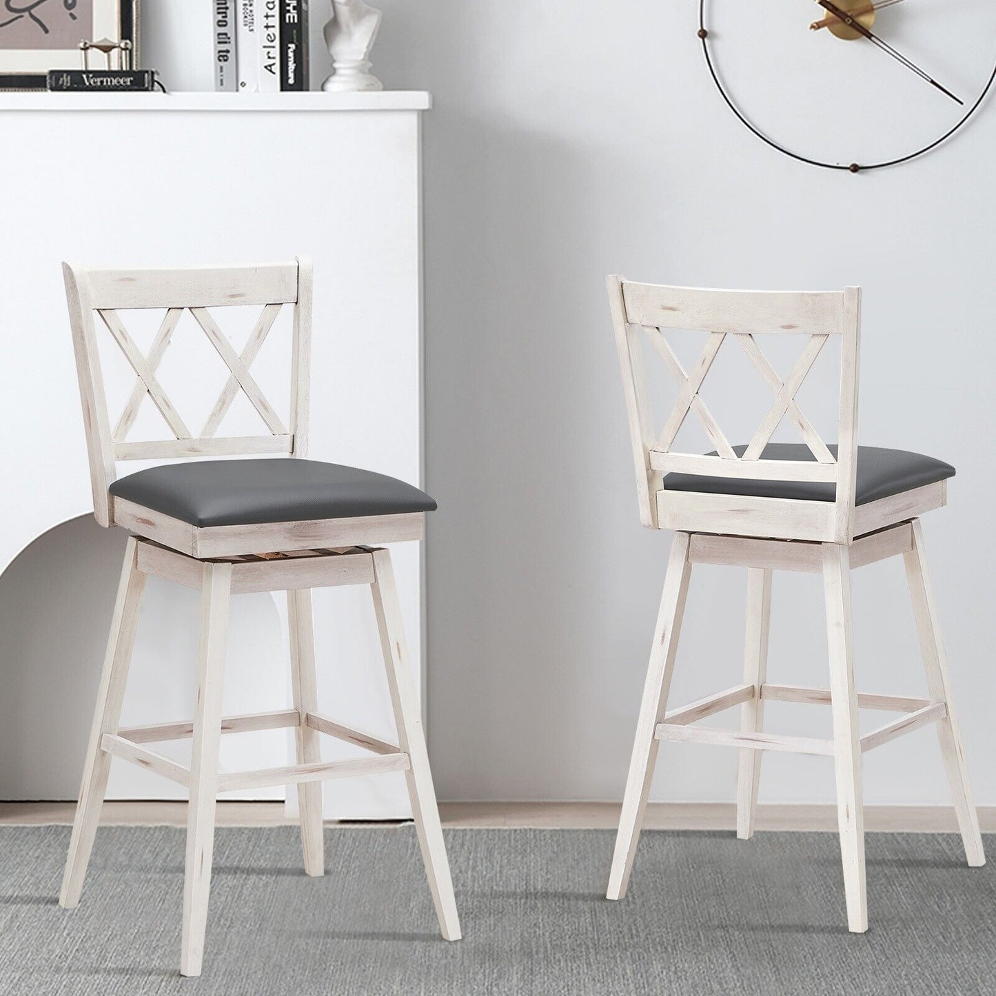 Set of 2 Counter Height Bar Stool with Foot Rest Upholstered Cushion-Black