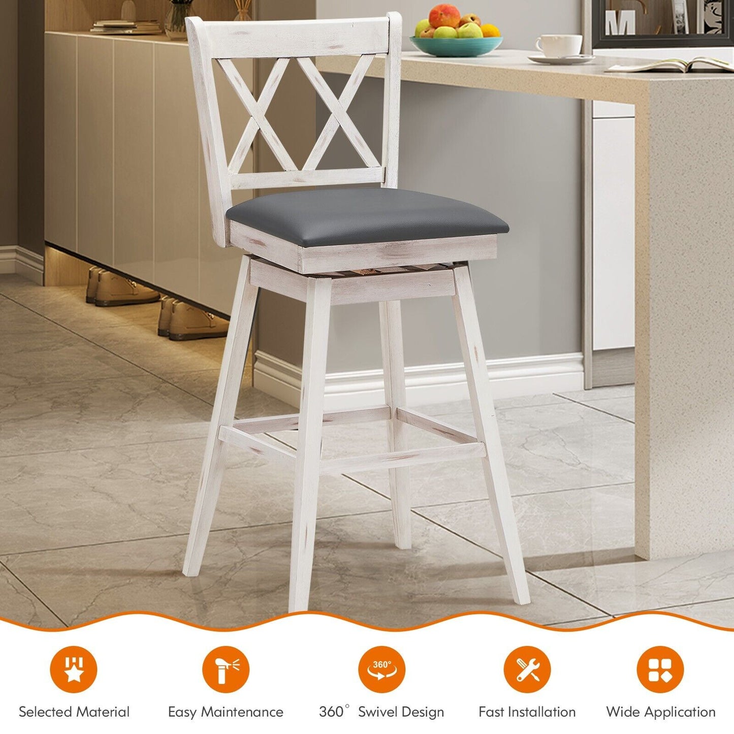 Set of 2 Counter Height Bar Stool with Foot Rest Upholstered Cushion-Black
