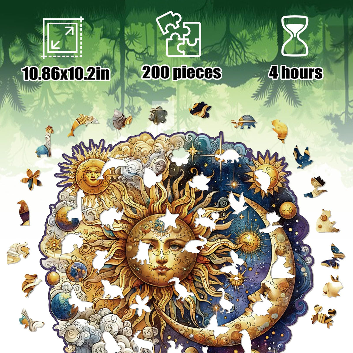 WHJSG Wooden Puzzles for Adults - 200-Piece Sun & Moon Irregular Animal Jigsaws