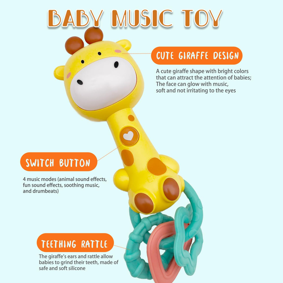 WHNKFB Bright Yellow Giraffe Baby Musical Rattle Toy – Light-Up Teether & BPA-Free