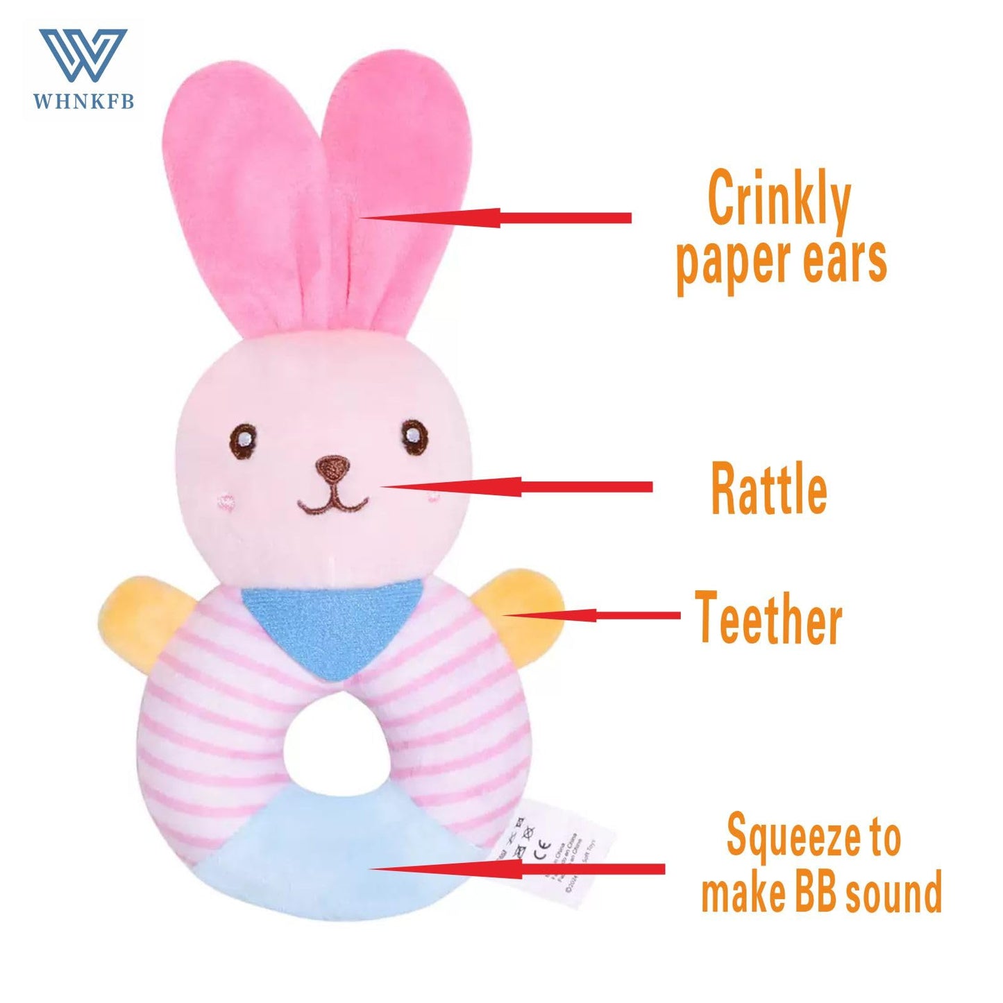 WHNKFB Baby Teether Rattle Toy – Soft Bunny Plush with Crinkle Squeaker