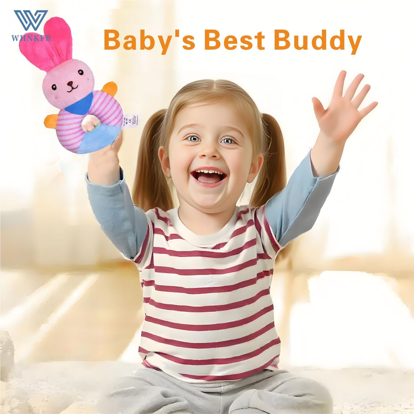 WHNKFB Baby Teether Rattle Toy – Soft Bunny Plush with Crinkle Squeaker