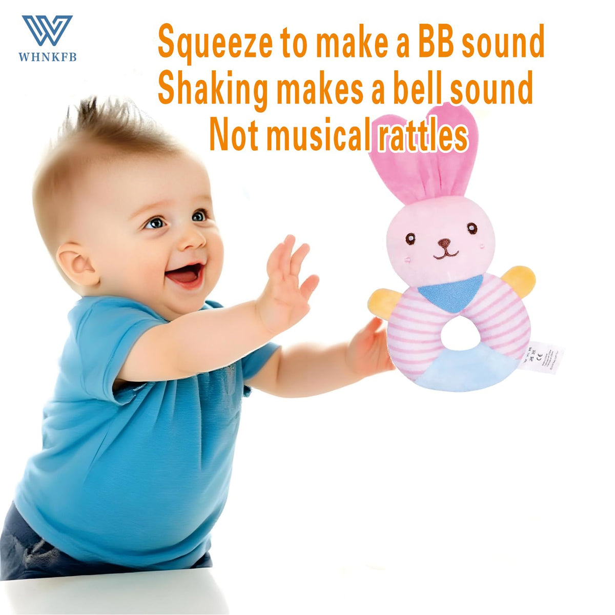 WHNKFB Baby Teether Rattle Toy – Soft Bunny Plush with Crinkle Squeaker