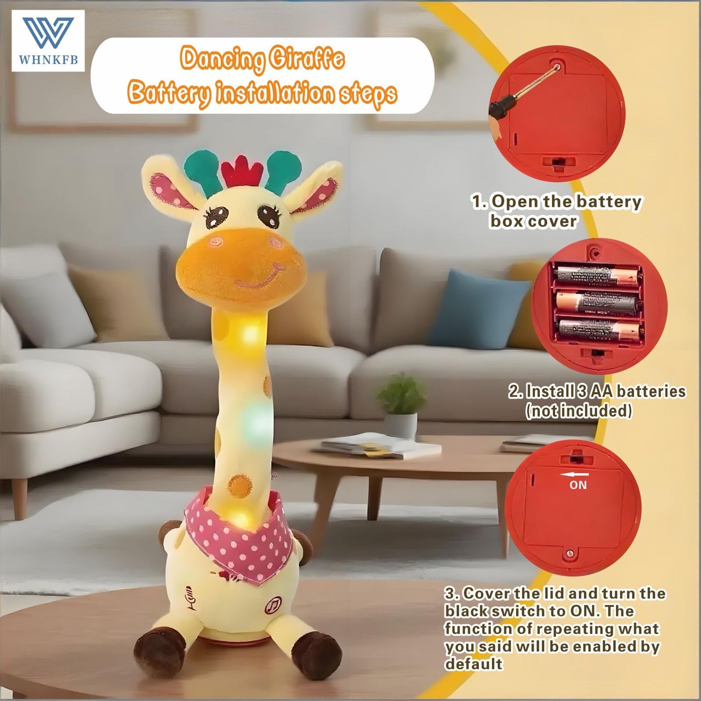 WHNKFB Dancing Giraffe Plush Toy – Talking, Singing & Light-Up Giraffe for Babies 6-12 Months