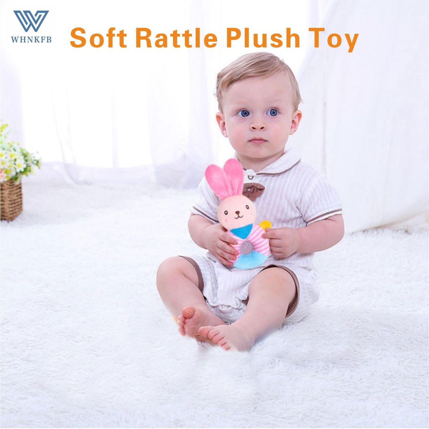 WHNKFB Baby Teether Rattle Toy – Soft Bunny Plush with Crinkle Squeaker