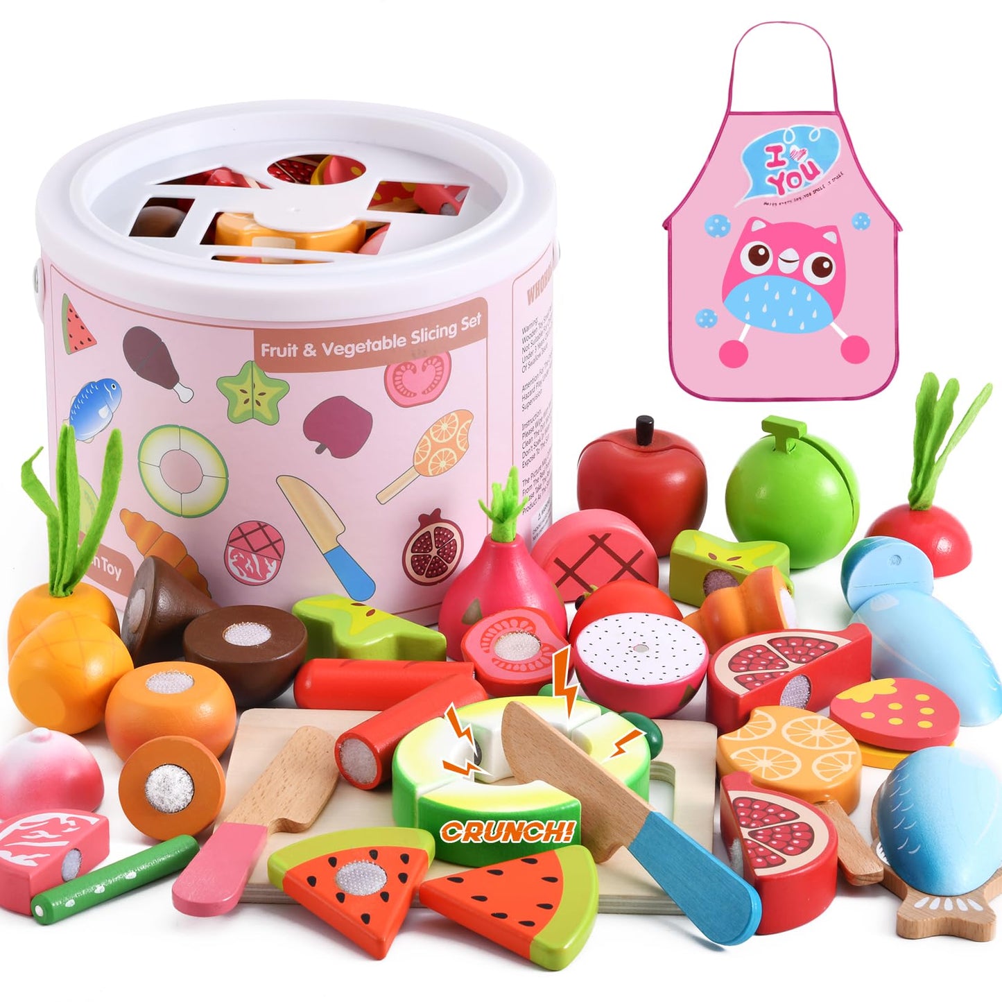 WHOHOLL 45 Pcs Wooden Play Food Toys – Realistic Kitchen Playset with Apron for 3+ Year Olds