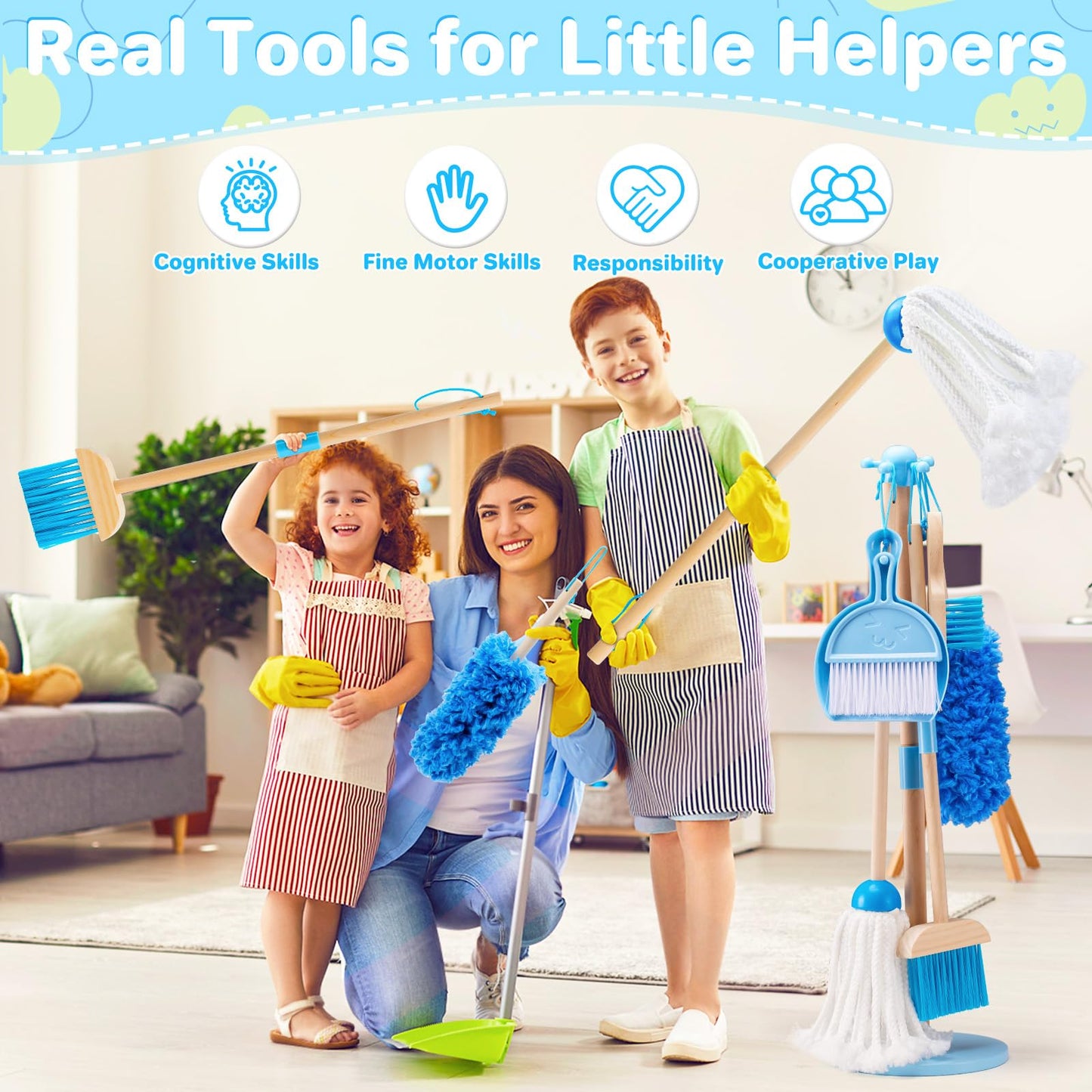 WHOHOLL 9 Pcs Wooden Kids Cleaning Toy Set for Toddlers 3-6 | Montessori Housekeeping Playset