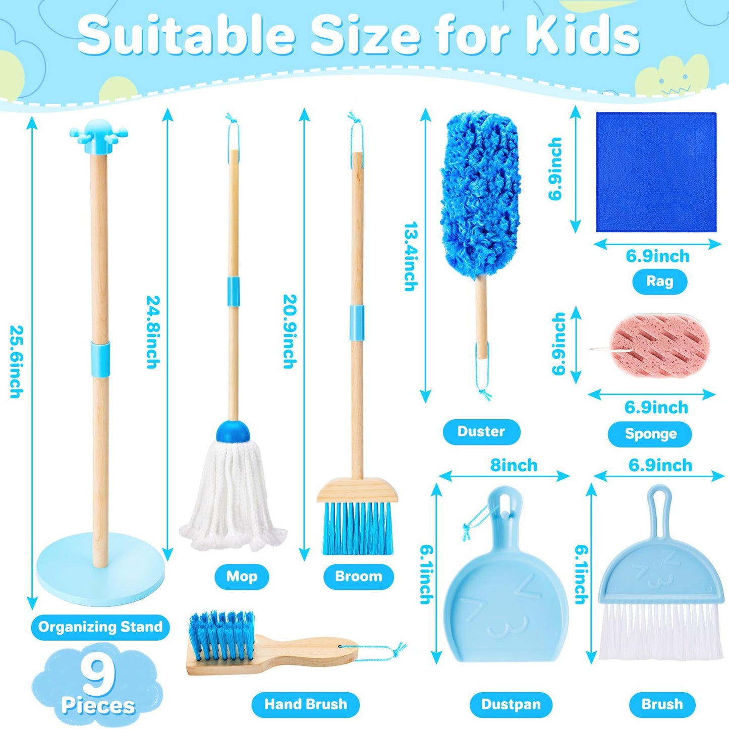 WHOHOLL 9 Pcs Wooden Kids Cleaning Toy Set for Toddlers 3-6 | Montessori Housekeeping Playset