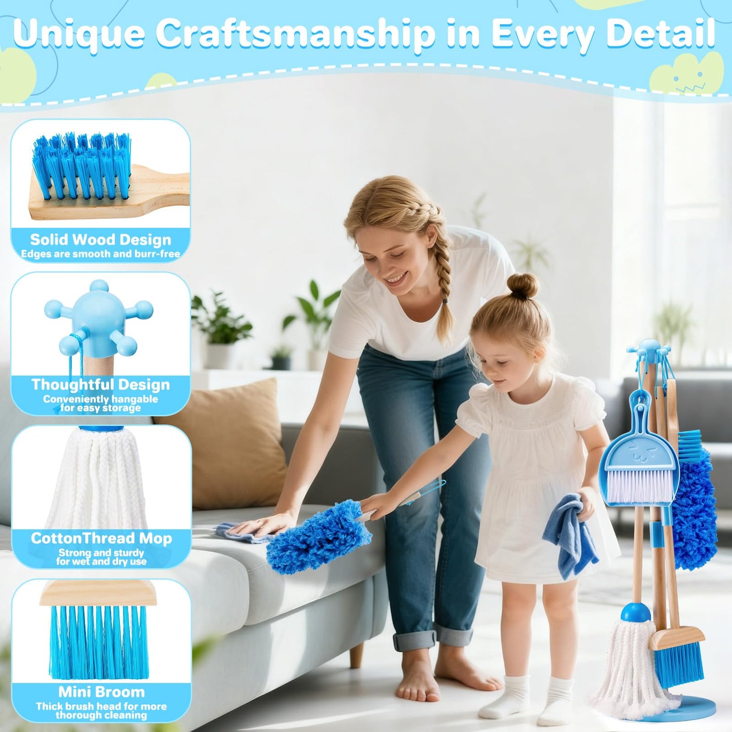 WHOHOLL 9 Pcs Wooden Kids Cleaning Toy Set for Toddlers 3-6 | Montessori Housekeeping Playset