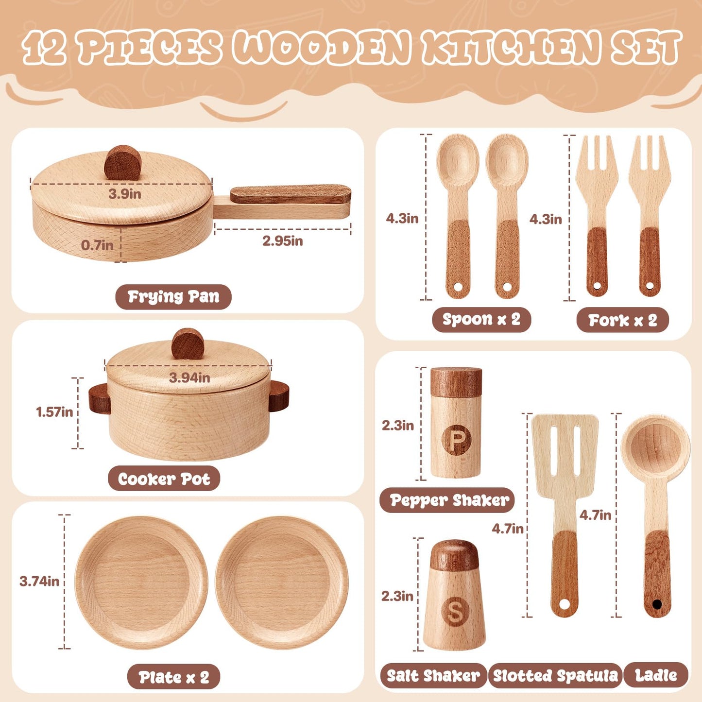 WHOHOLL Wooden Play Kitchen Accessories | Pretend Pots & Pans Set for Toddlers 3–6