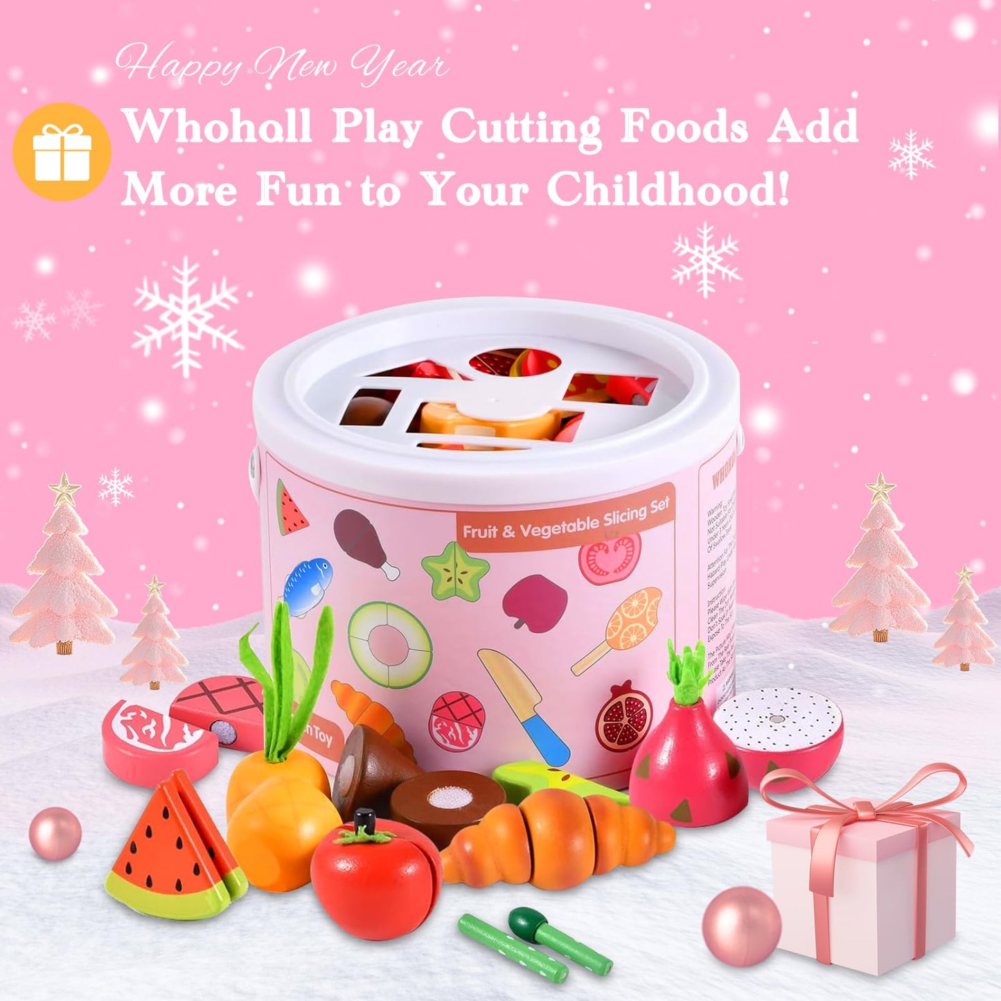 WHOHOLL 45 Pcs Wooden Play Food Toys – Realistic Kitchen Playset with Apron for 3+ Year Olds