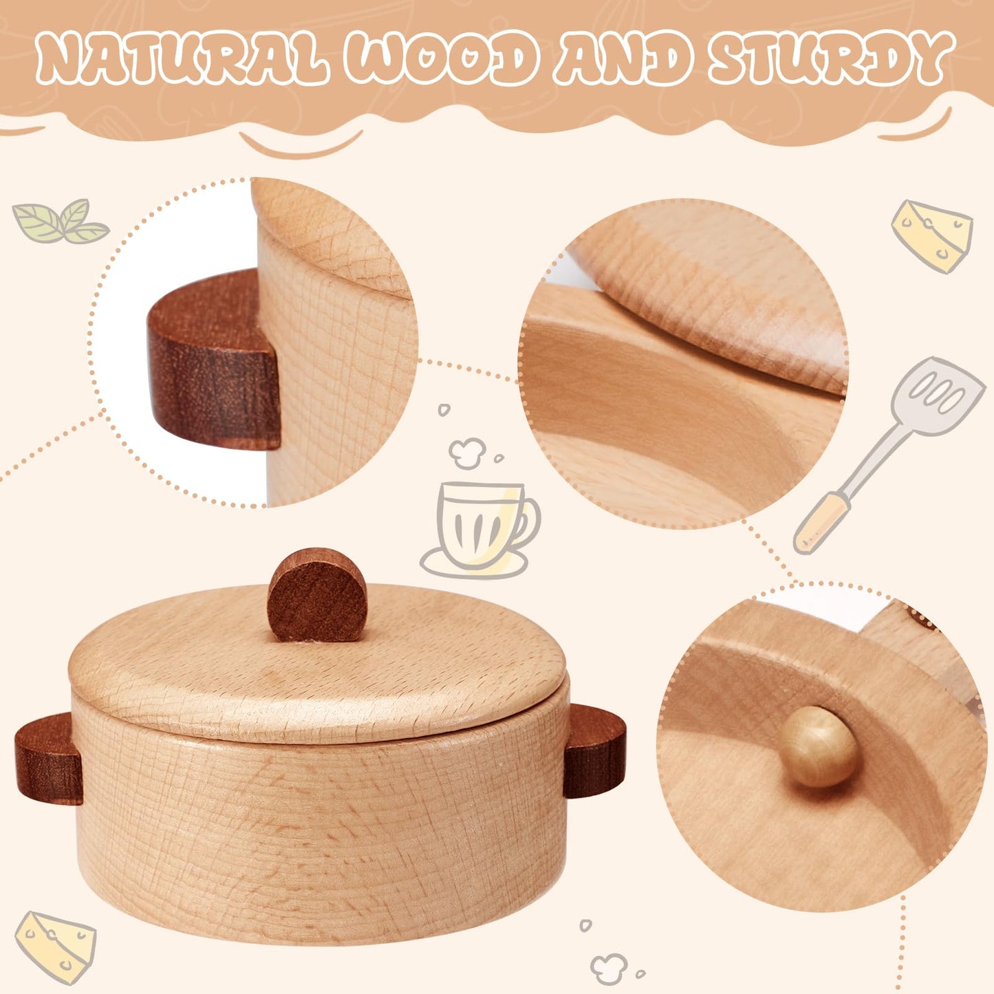 WHOHOLL Wooden Play Kitchen Accessories | Pretend Pots & Pans Set for Toddlers 3–6