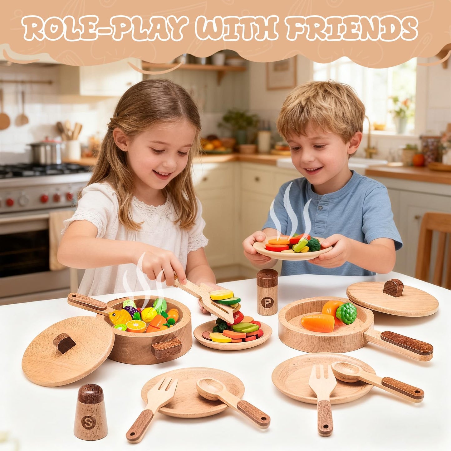 WHOHOLL Wooden Play Cooking Set for Kids 3-6 | Montessori Kitchen Toys with Pots, Pan, Plates & Spices