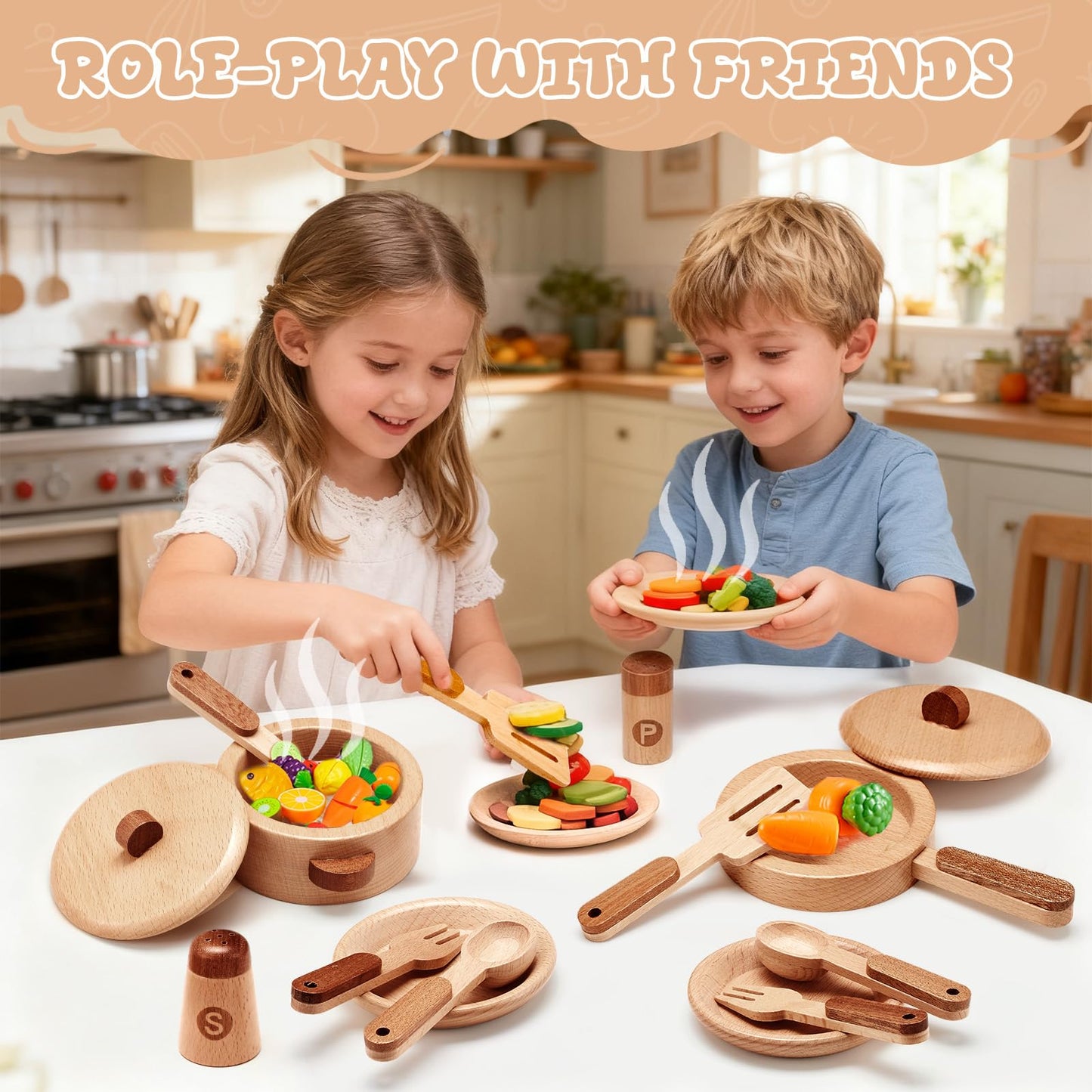 WHOHOLL Wooden Play Kitchen Accessories | Pretend Pots & Pans Set for Toddlers 3–6