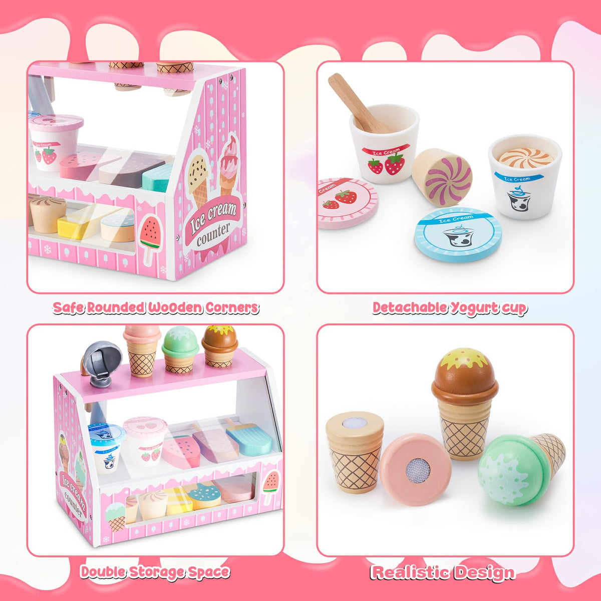 WHOHOLL Wooden Ice Cream Counter Playset – Pink Pretend Store Toy for 3+