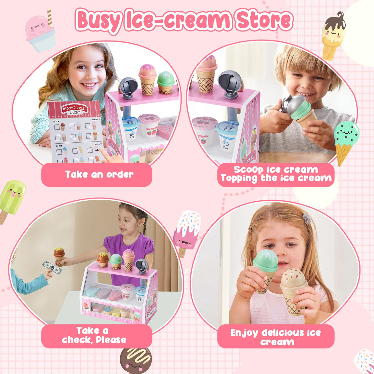 WHOHOLL Wooden Ice Cream Counter Playset – Pink Pretend Store Toy for 3+