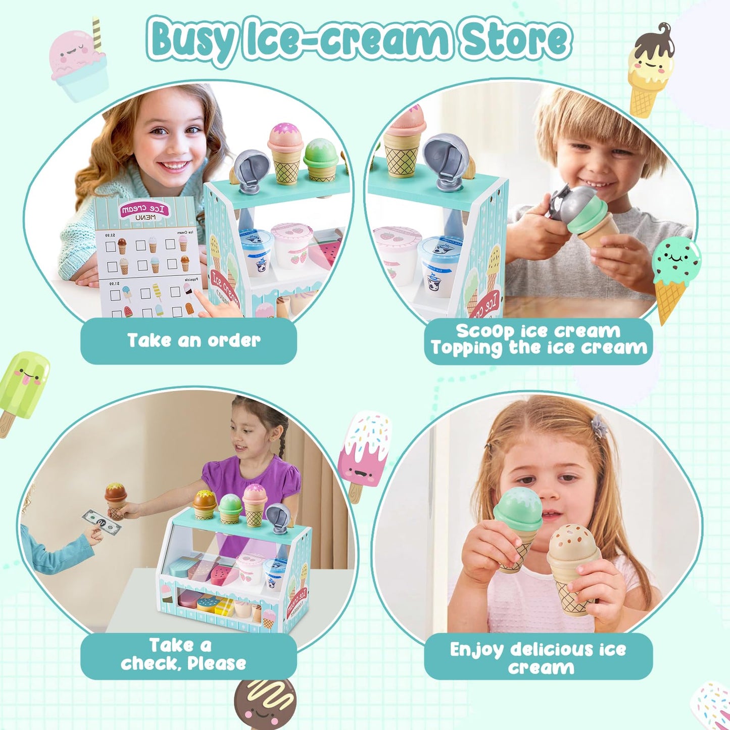 WHOHOLL Wooden Ice Cream Counter Playset – Green Pretend Shop Toy for 3+ Year Olds