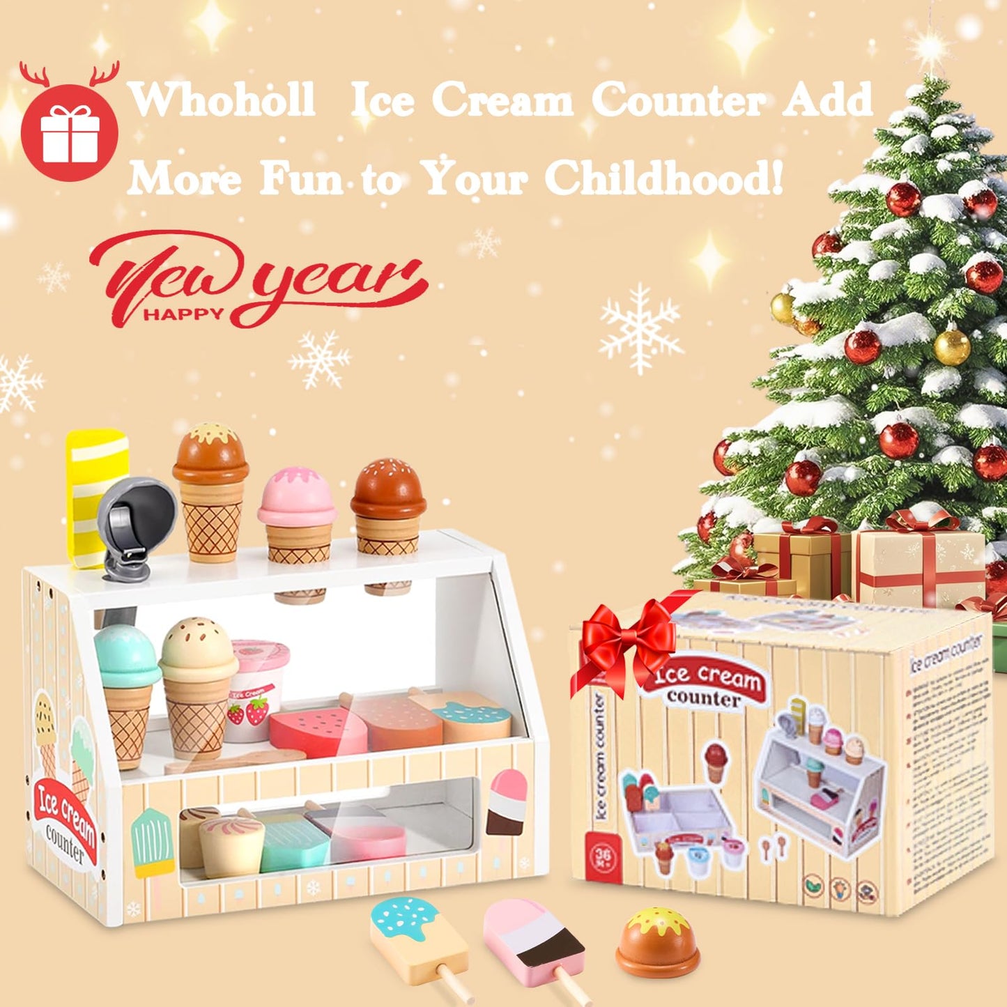 WHOHOLL Wooden Ice Cream Toys – 46-Piece Pretend Play Set for Toddlers (Ages 3–6) – Safe Solid Wood Kitchen Accessories
