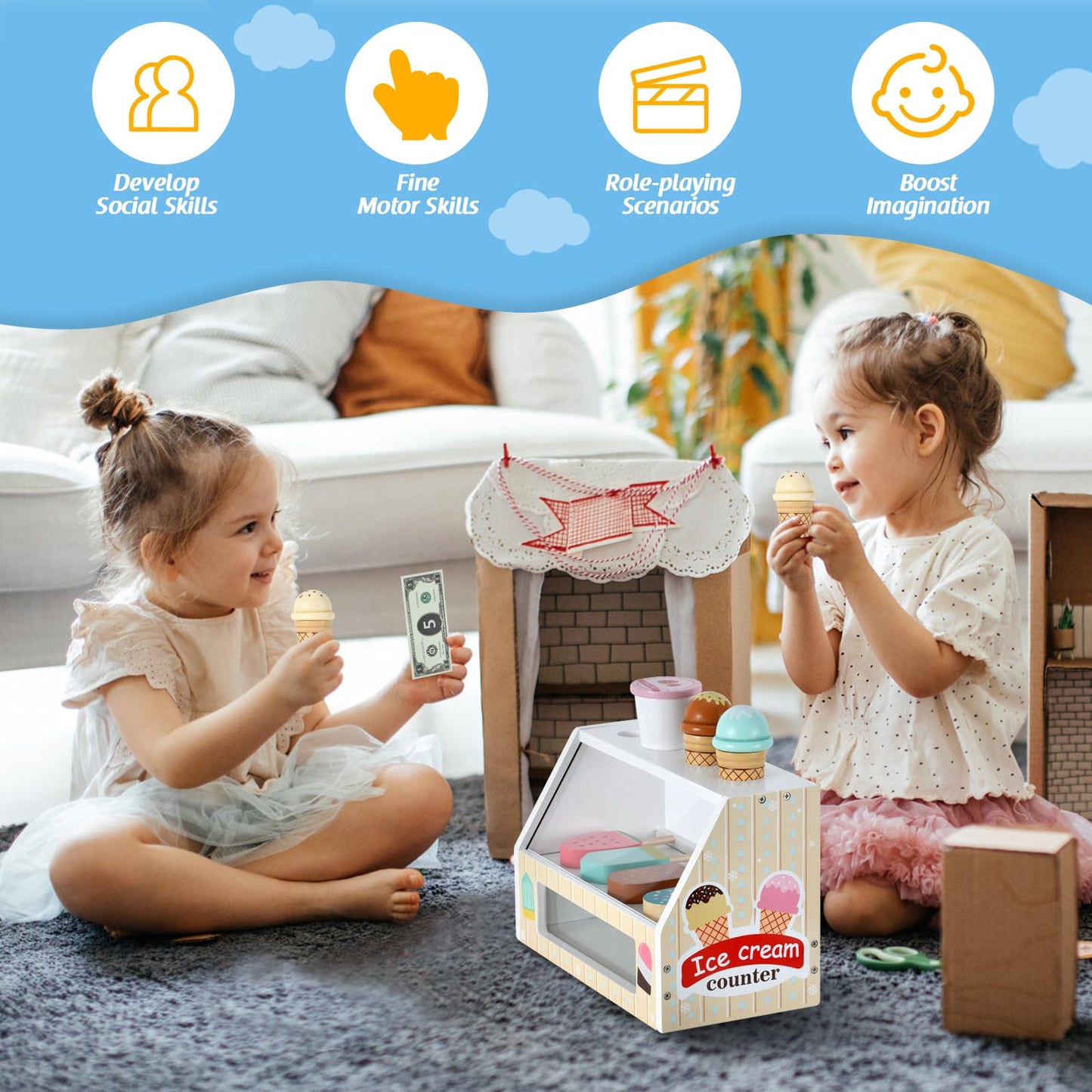 WHOHOLL Wooden Ice Cream Toys – 46-Piece Pretend Play Set for Toddlers (Ages 3–6) – Safe Solid Wood Kitchen Accessories
