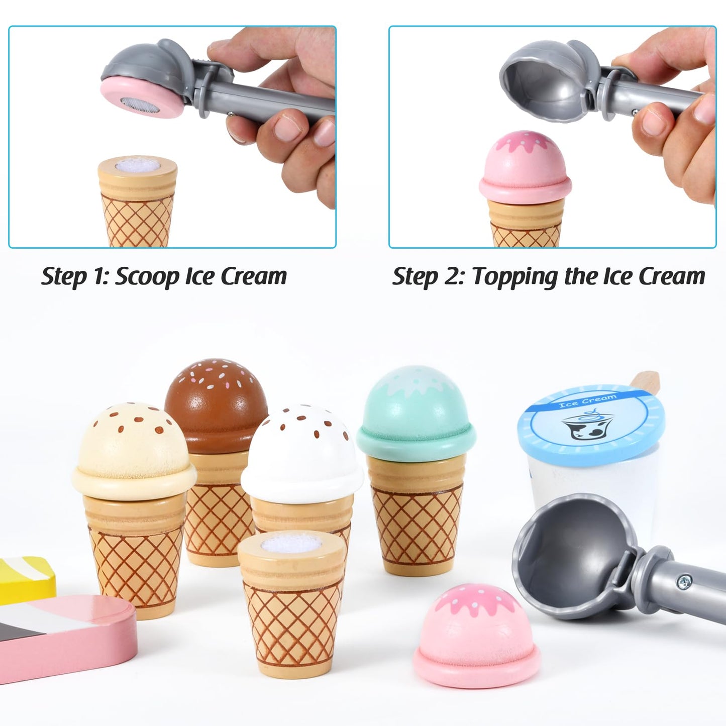 WHOHOLL Wooden Ice Cream Toys – 46-Piece Pretend Play Set for Toddlers (Ages 3–6) – Safe Solid Wood Kitchen Accessories