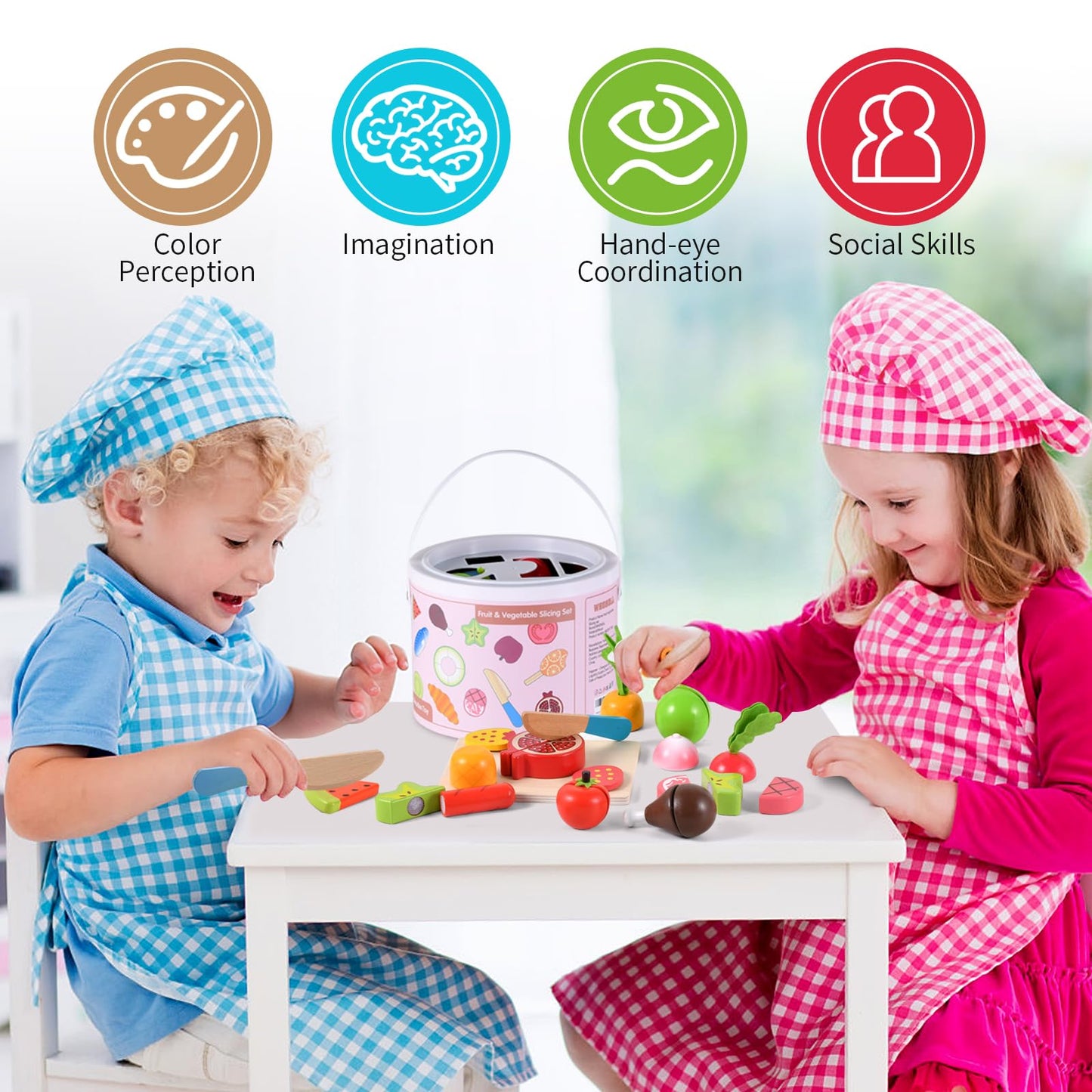 WHOHOLL 45 Pcs Wooden Play Food Toys – Realistic Kitchen Playset with Apron for 3+ Year Olds