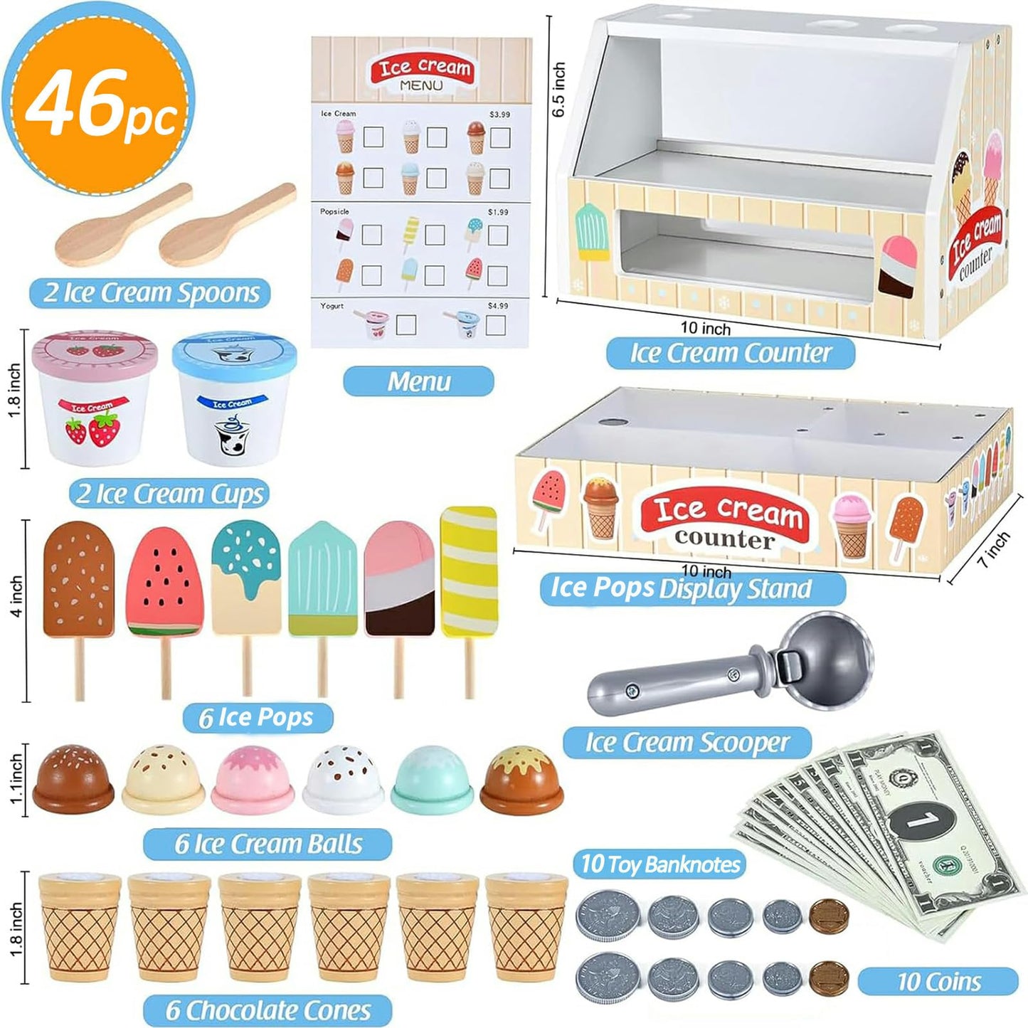 WHOHOLL Wooden Ice Cream Toys – 46-Piece Pretend Play Set for Toddlers (Ages 3–6) – Safe Solid Wood Kitchen Accessories