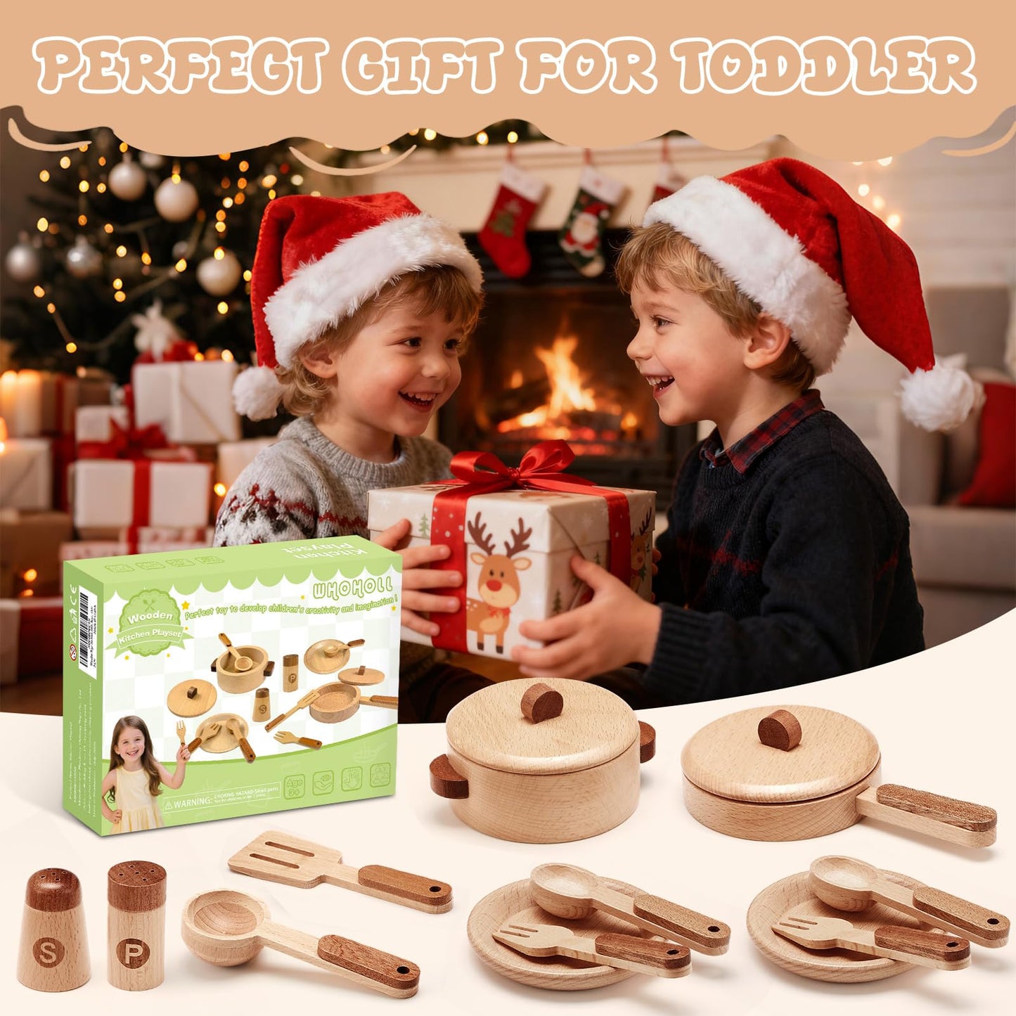 WHOHOLL Wooden Play Kitchen Accessories | Pretend Pots & Pans Set for Toddlers 3–6