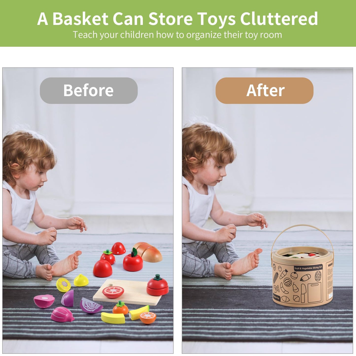 WHOHOLL 43-Piece Wooden Play Food Set | Safe Pretend Kitchen Toys for Ages 3-6