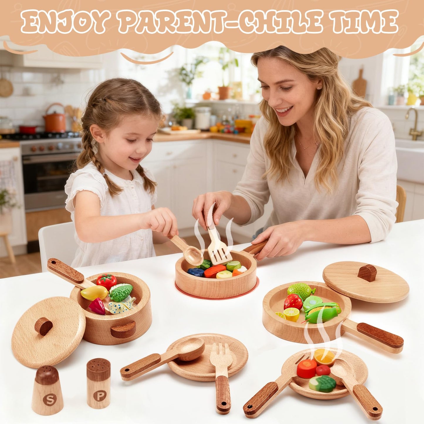 WHOHOLL Wooden Play Kitchen Accessories | Pretend Pots & Pans Set for Toddlers 3–6