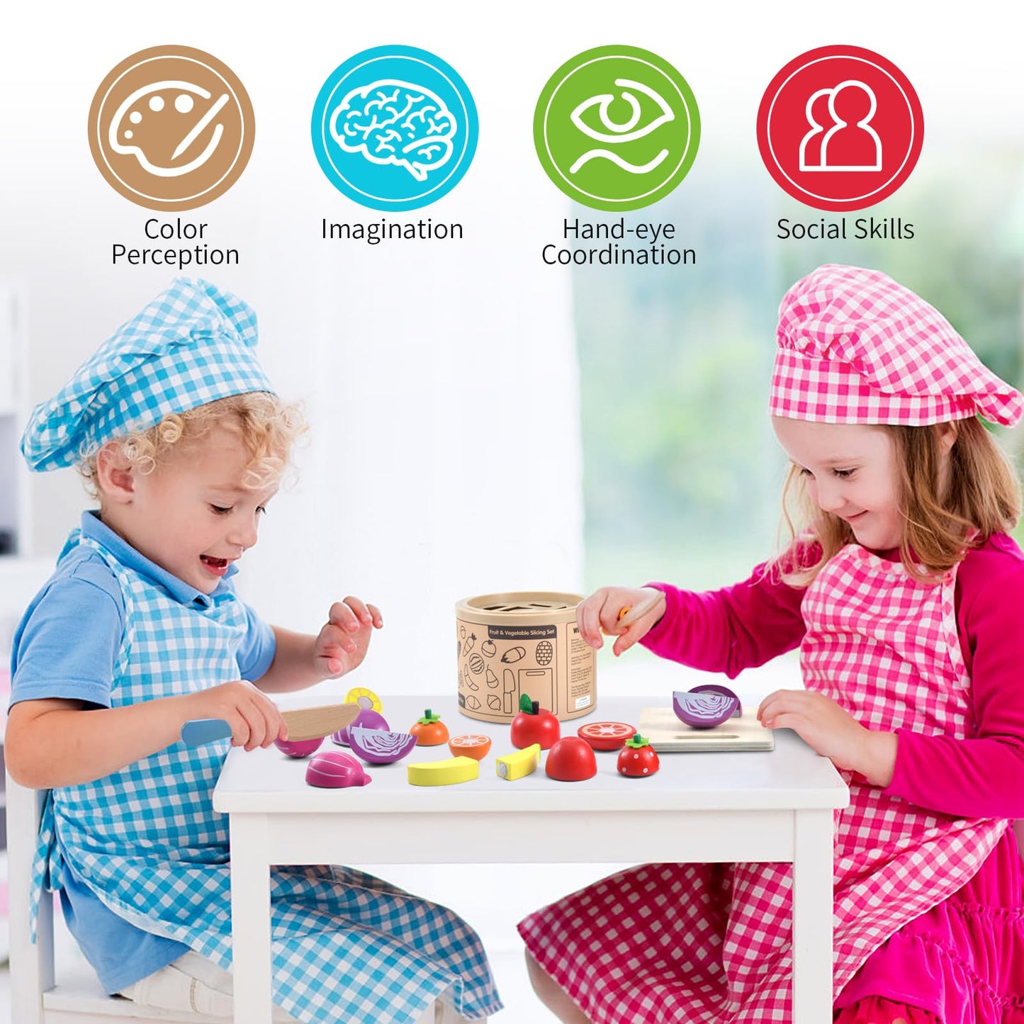 WHOHOLL 43-Piece Wooden Play Food Set | Safe Pretend Kitchen Toys for Ages 3-6