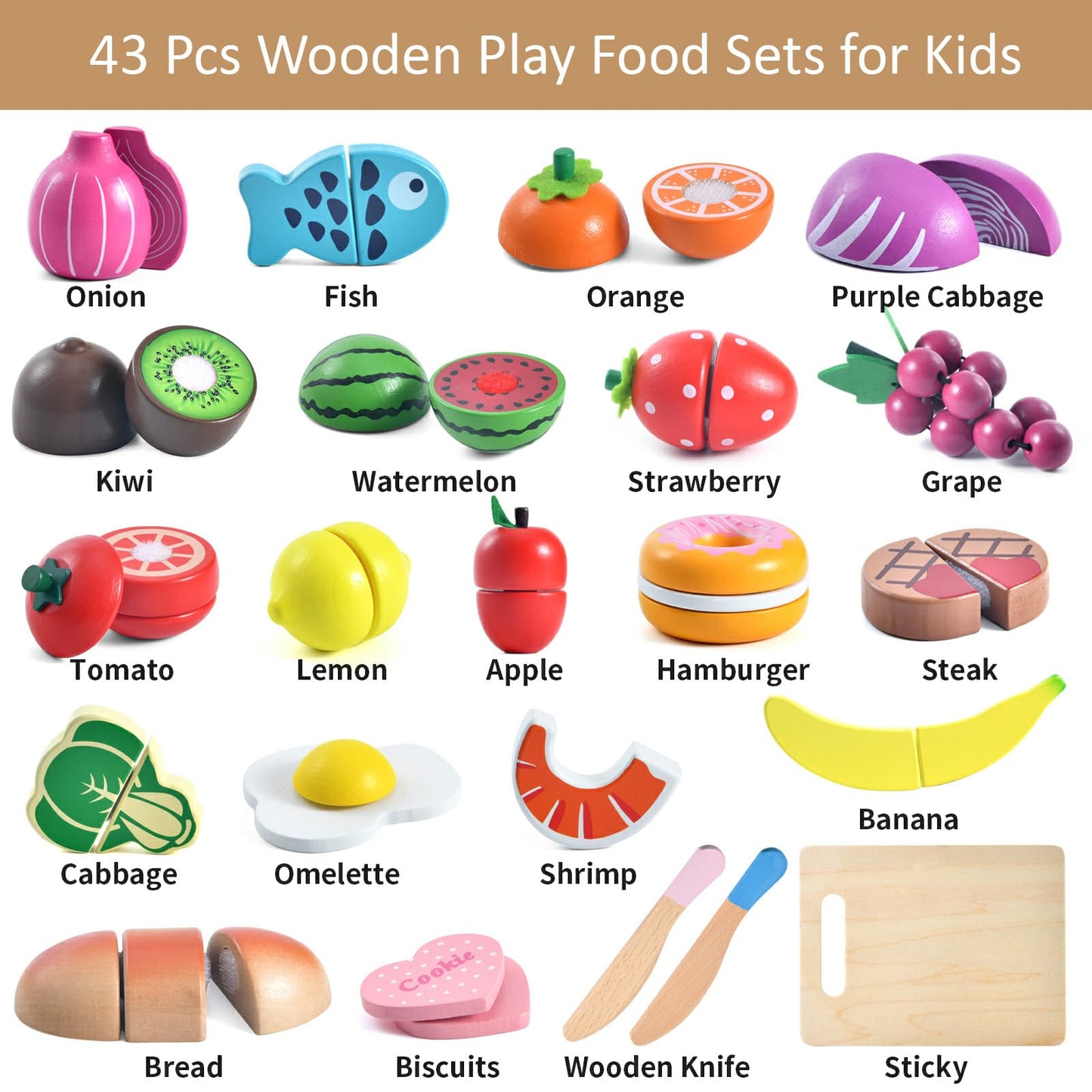 WHOHOLL 43-Piece Wooden Play Food Set | Safe Pretend Kitchen Toys for Ages 3-6