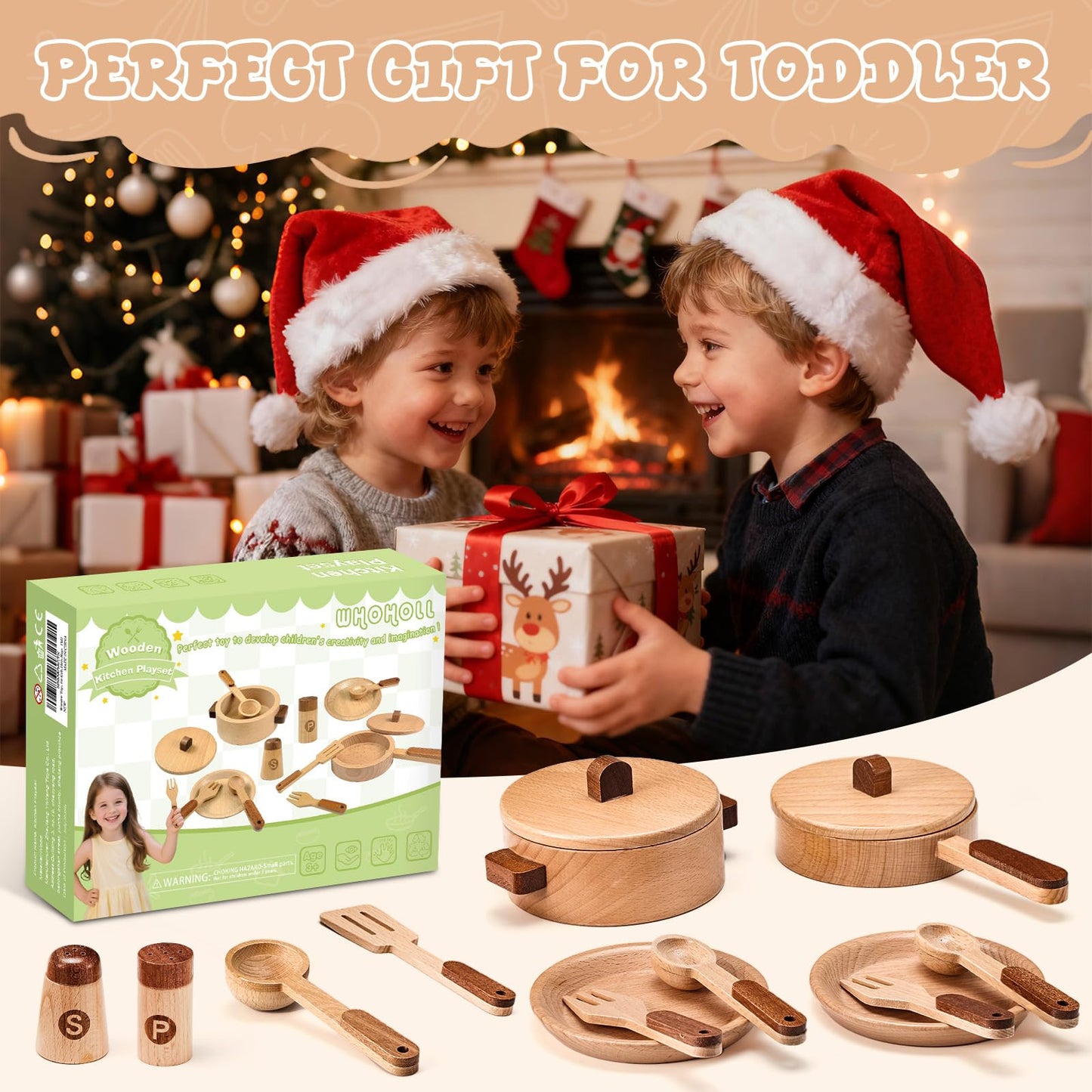 WHOHOLL Wooden Play Cooking Set for Kids 3-6 | Montessori Kitchen Toys with Pots, Pan, Plates & Spices