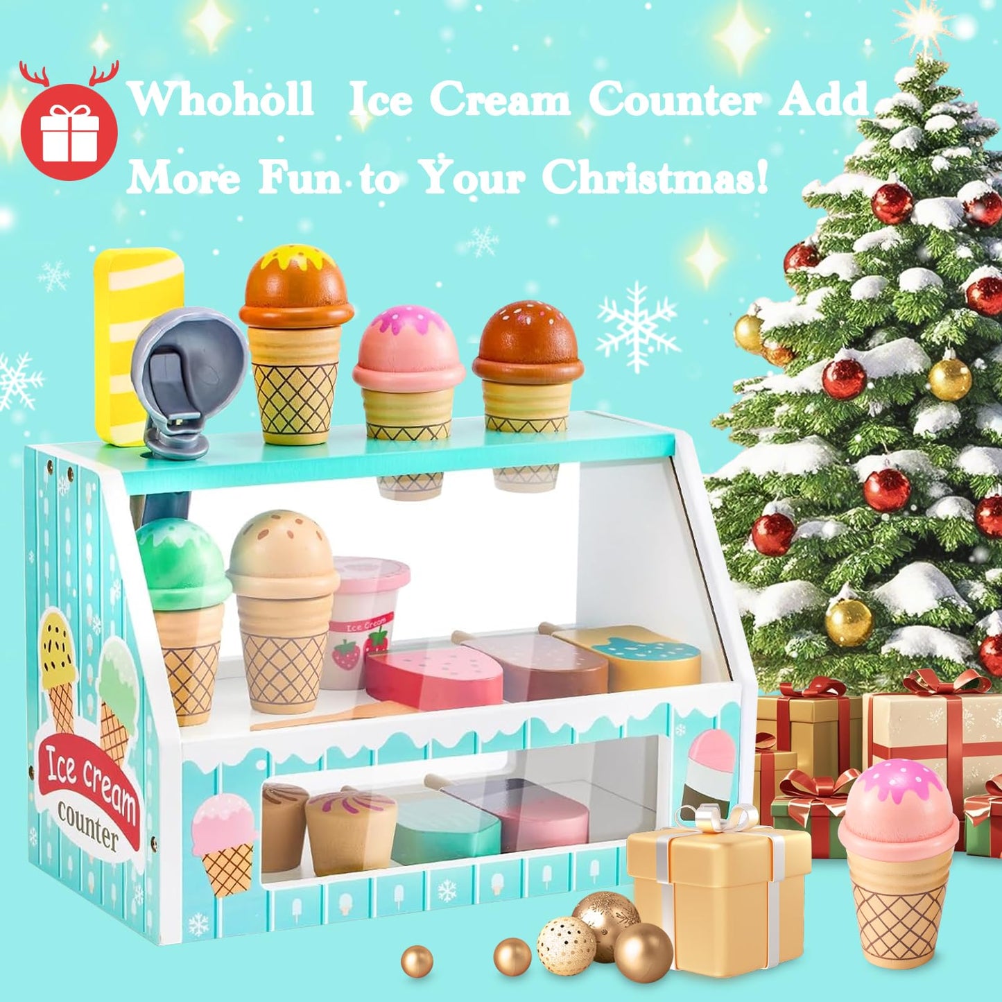 WHOHOLL Wooden Ice Cream Counter Playset – Green Pretend Shop Toy for 3+ Year Olds