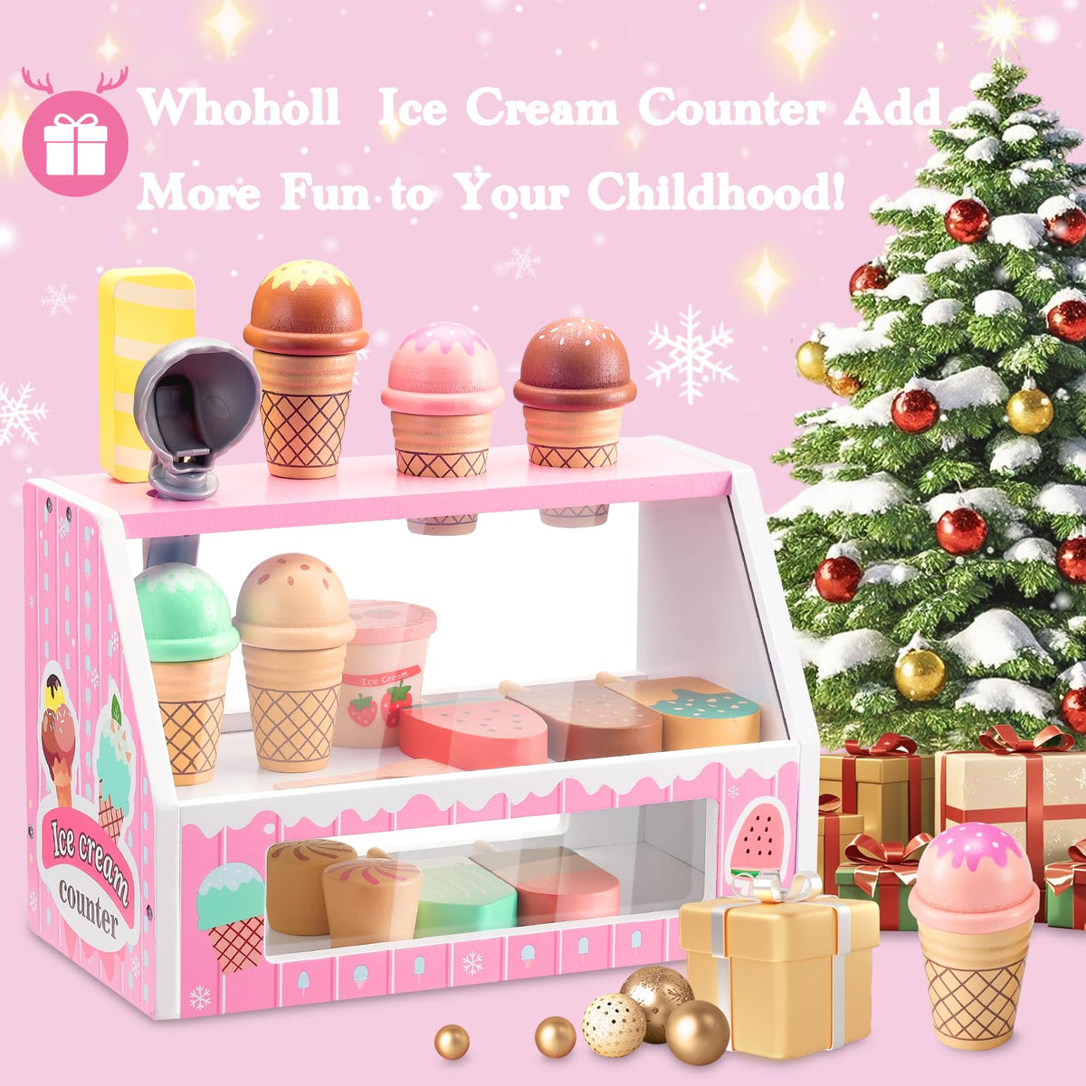 WHOHOLL Wooden Ice Cream Counter Playset – Pink Pretend Store Toy for 3+
