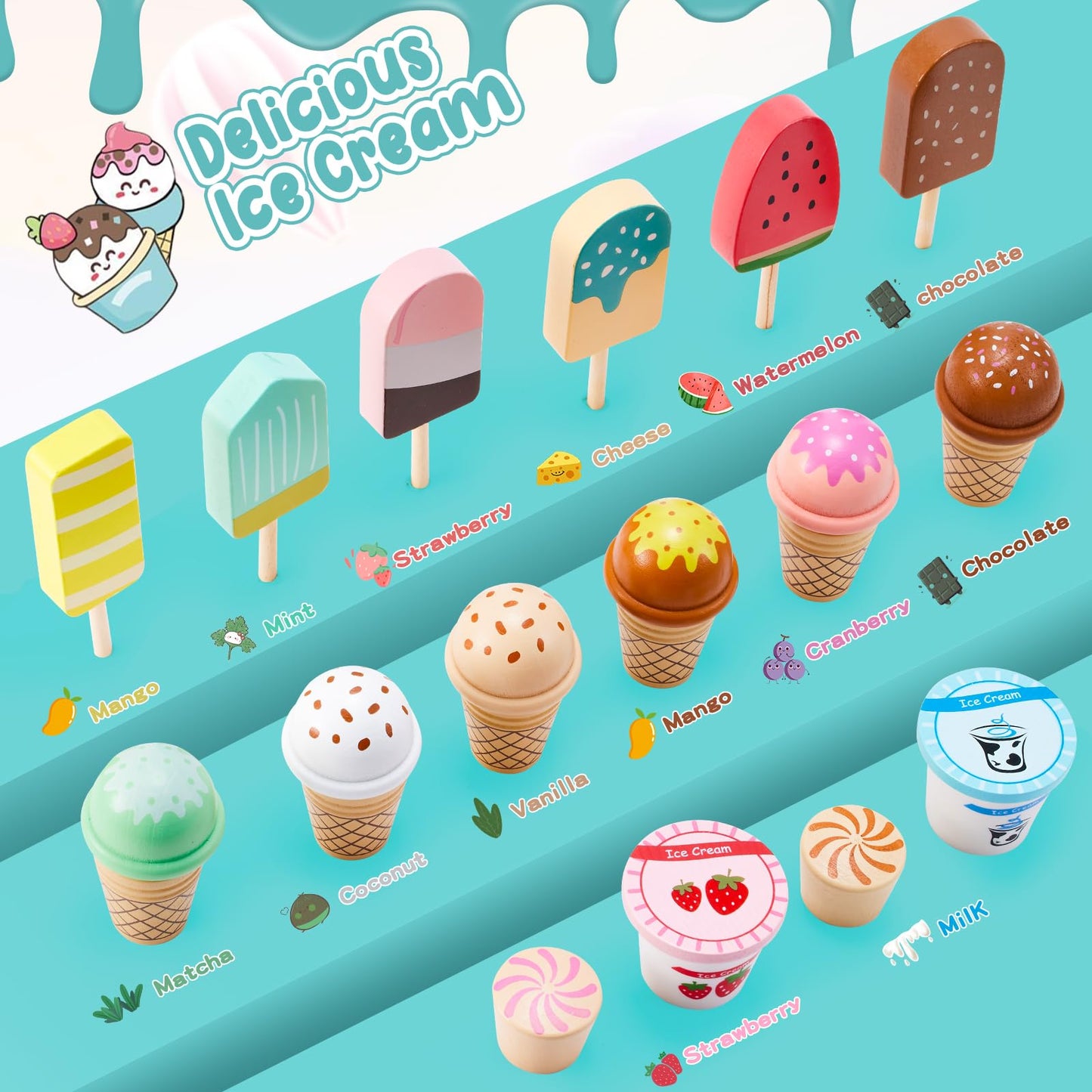 WHOHOLL Wooden Ice Cream Counter Playset – Green Pretend Shop Toy for 3+ Year Olds