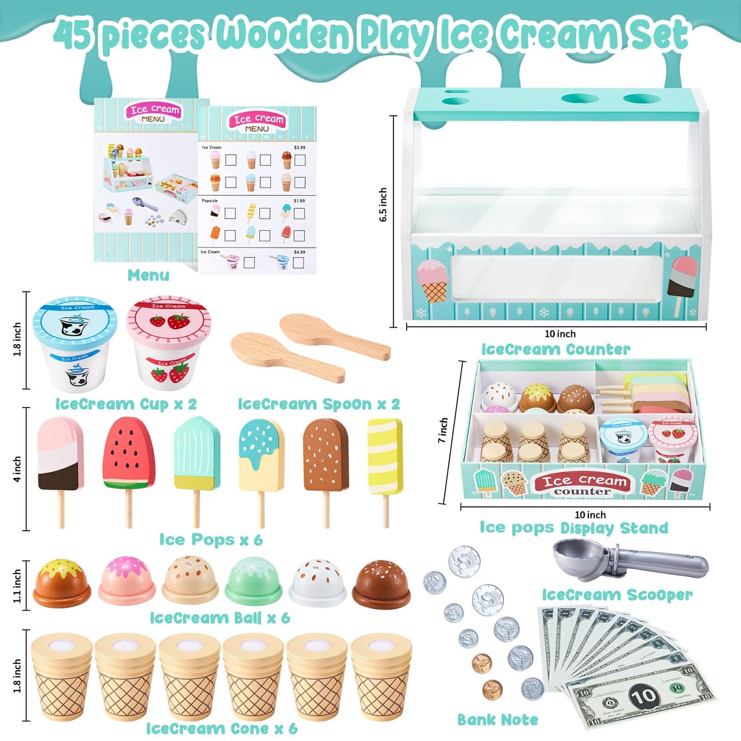 WHOHOLL Wooden Ice Cream Counter Playset – Green Pretend Shop Toy for 3+ Year Olds