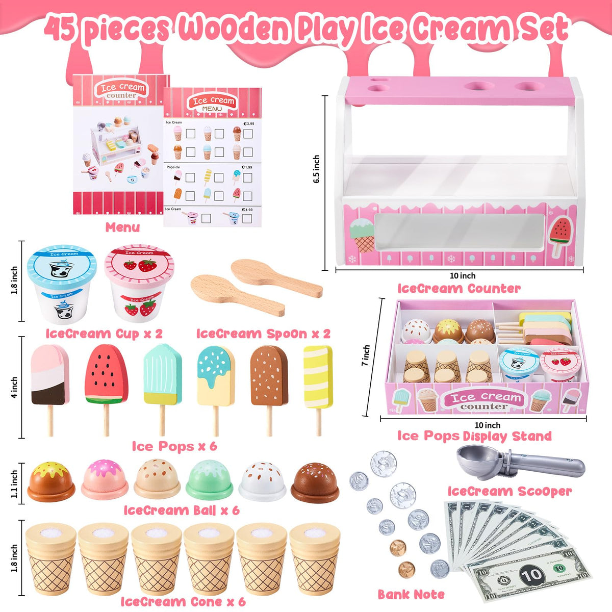 WHOHOLL Wooden Ice Cream Counter Playset – Pink Pretend Store Toy for 3+