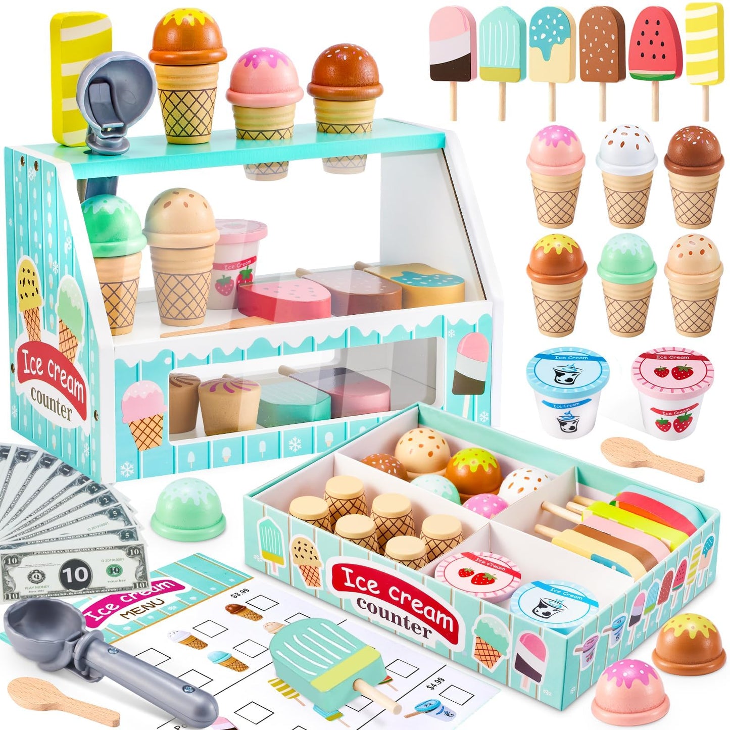 WHOHOLL Wooden Ice Cream Counter Playset – Green Pretend Shop Toy for 3+ Year Olds