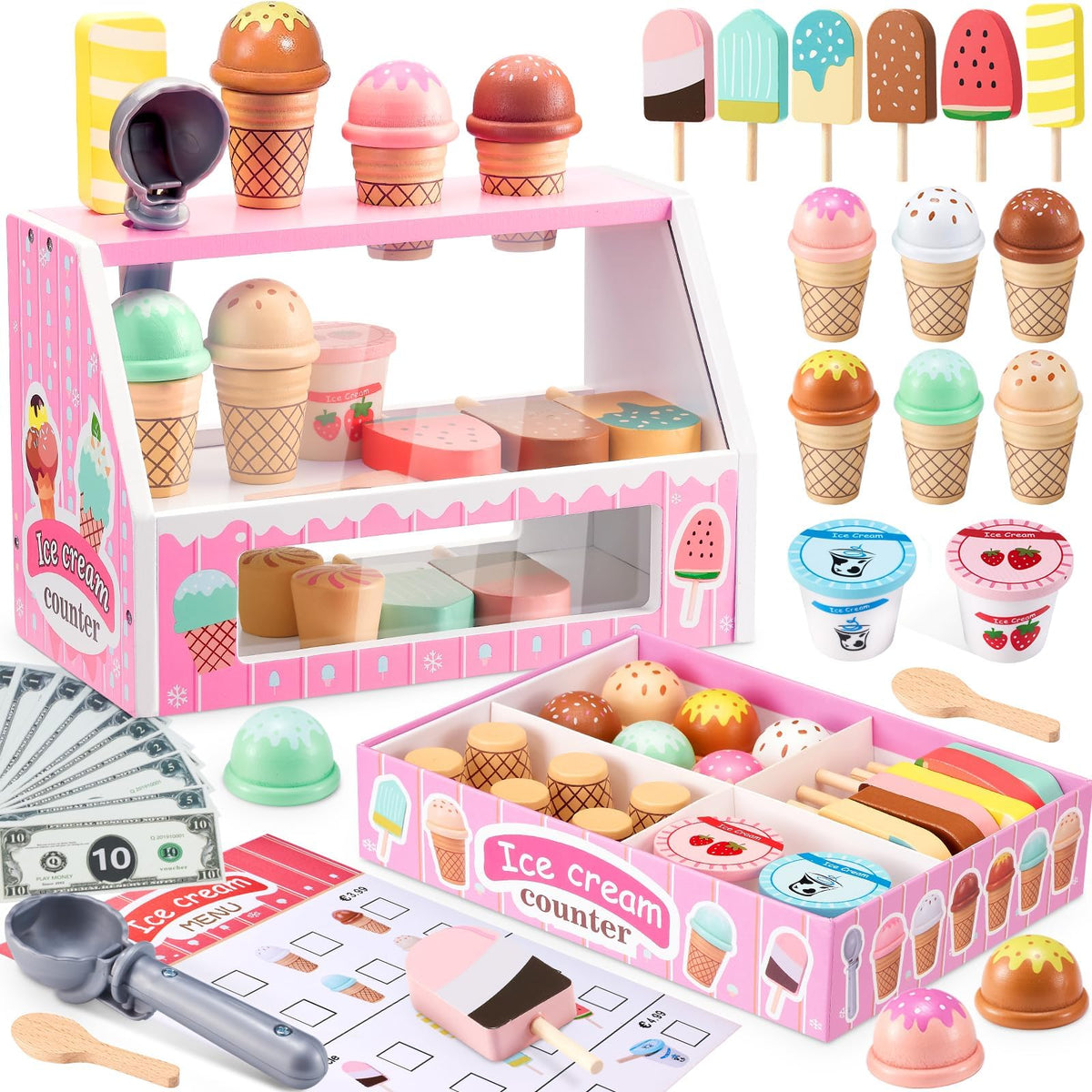 WHOHOLL Wooden Ice Cream Counter Playset – Pink Pretend Store Toy for 3+